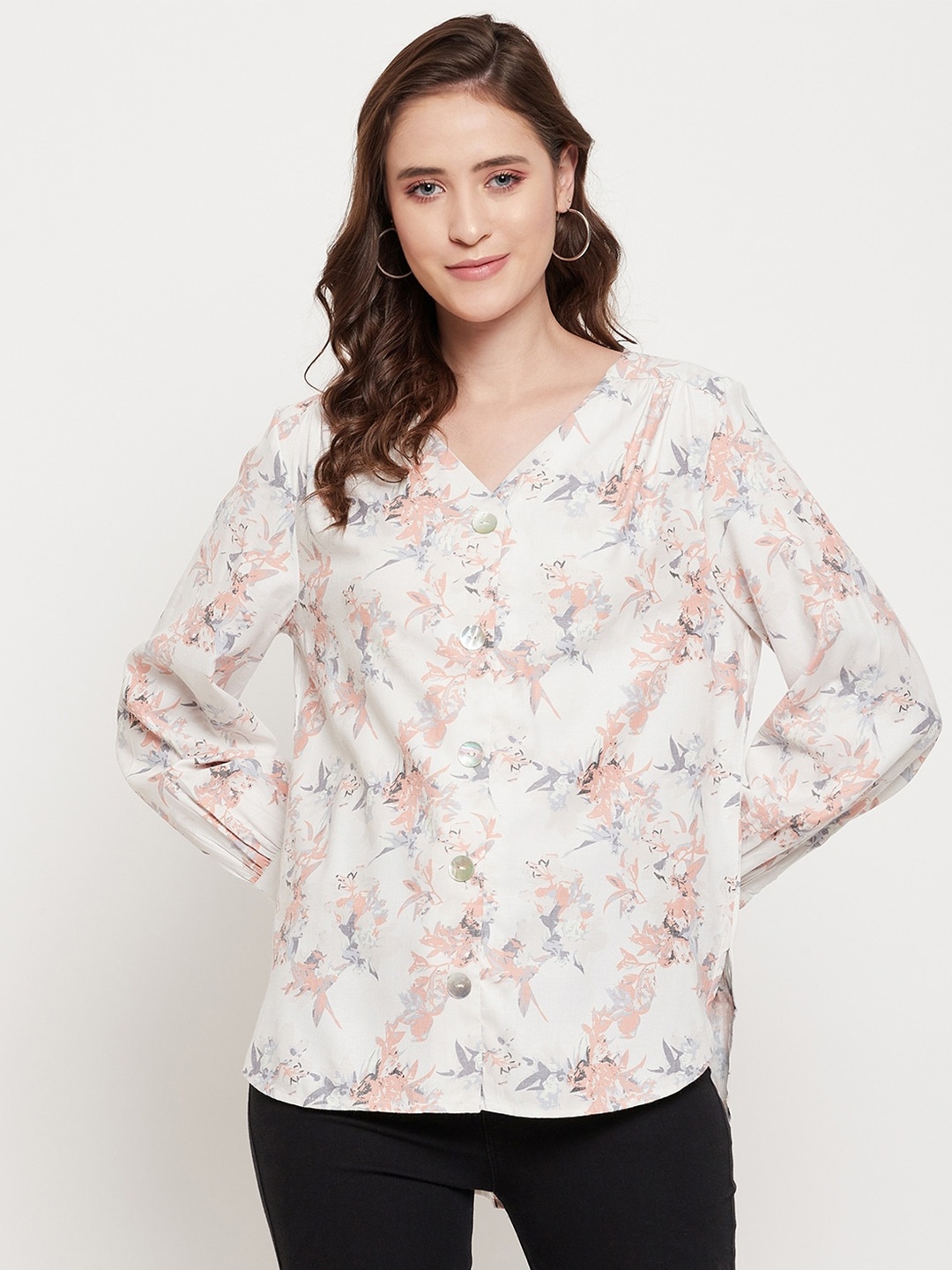 

Madame Off White & Peach-Coloured Floral Print Cuffed Sleeves Shirt Style Top