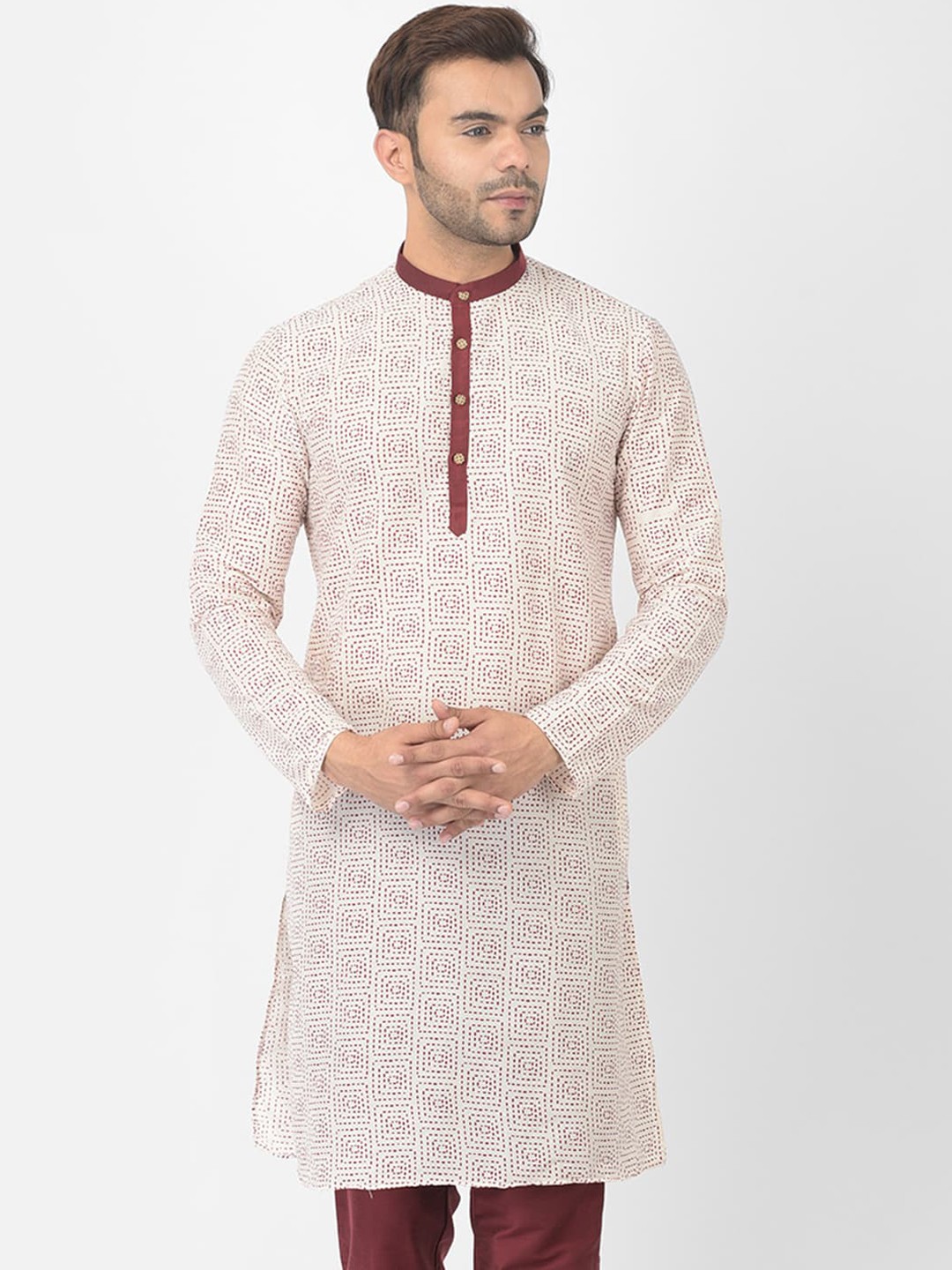 

DEYANN Men Off White & Maroon Geometric Printed Kurta