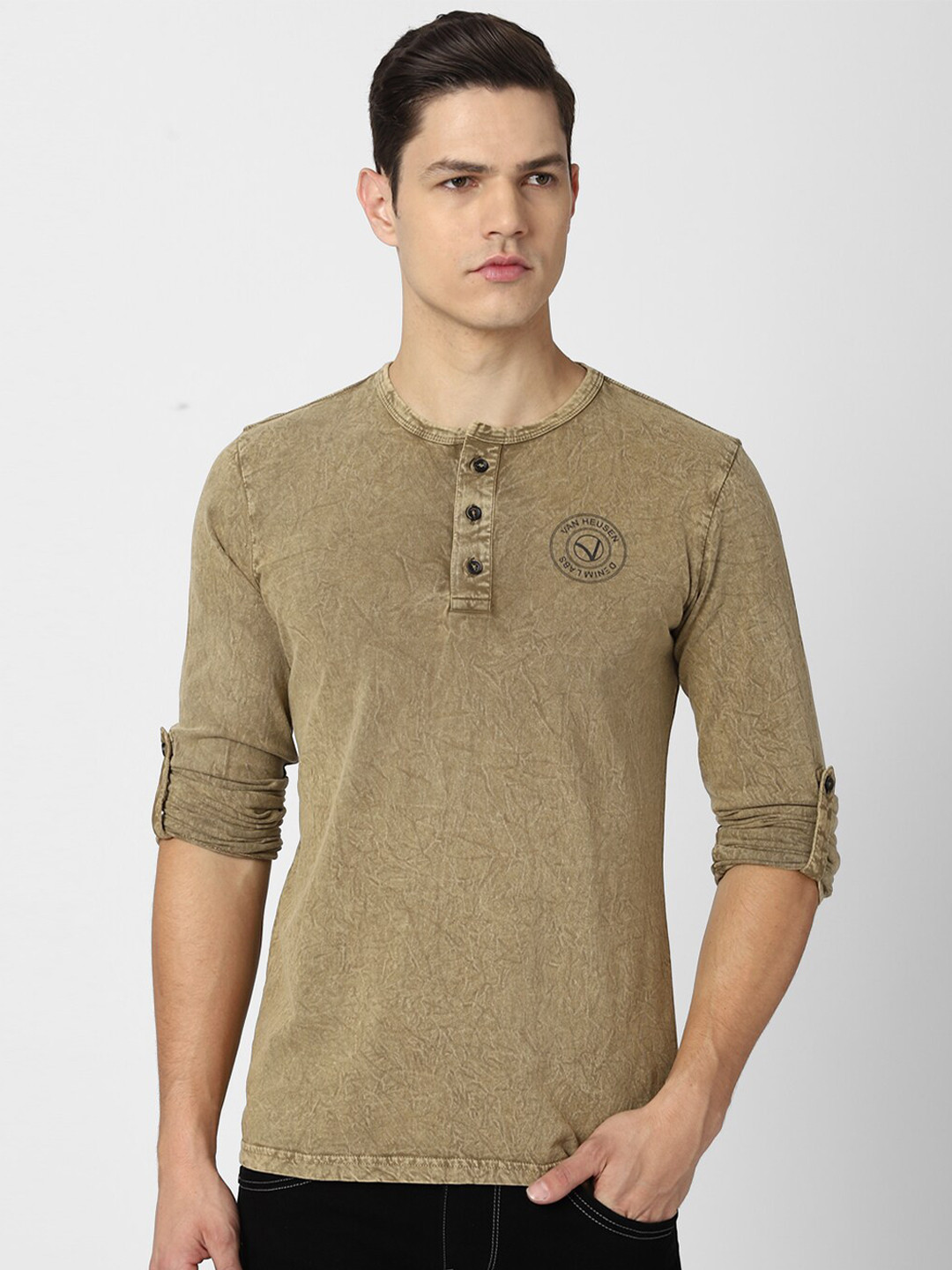 

VAN HEUSEN DENIM LABS Men Khaki Henley Neck Roll-Up Sleeves T-shirt