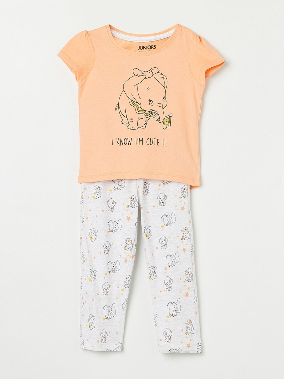 

Juniors by Lifestyle Girls Peach-Coloured & Grey Dumbo Printed Night suit