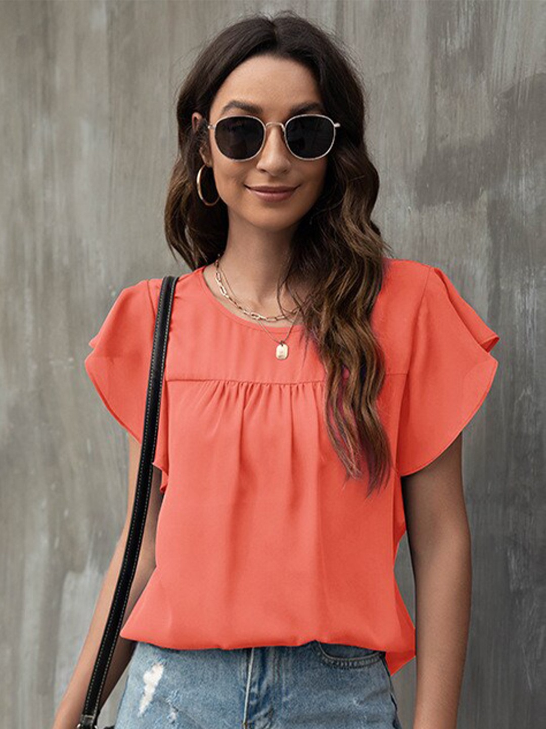 

BoStreet Coral Red Solid Flutter Sleeves Top
