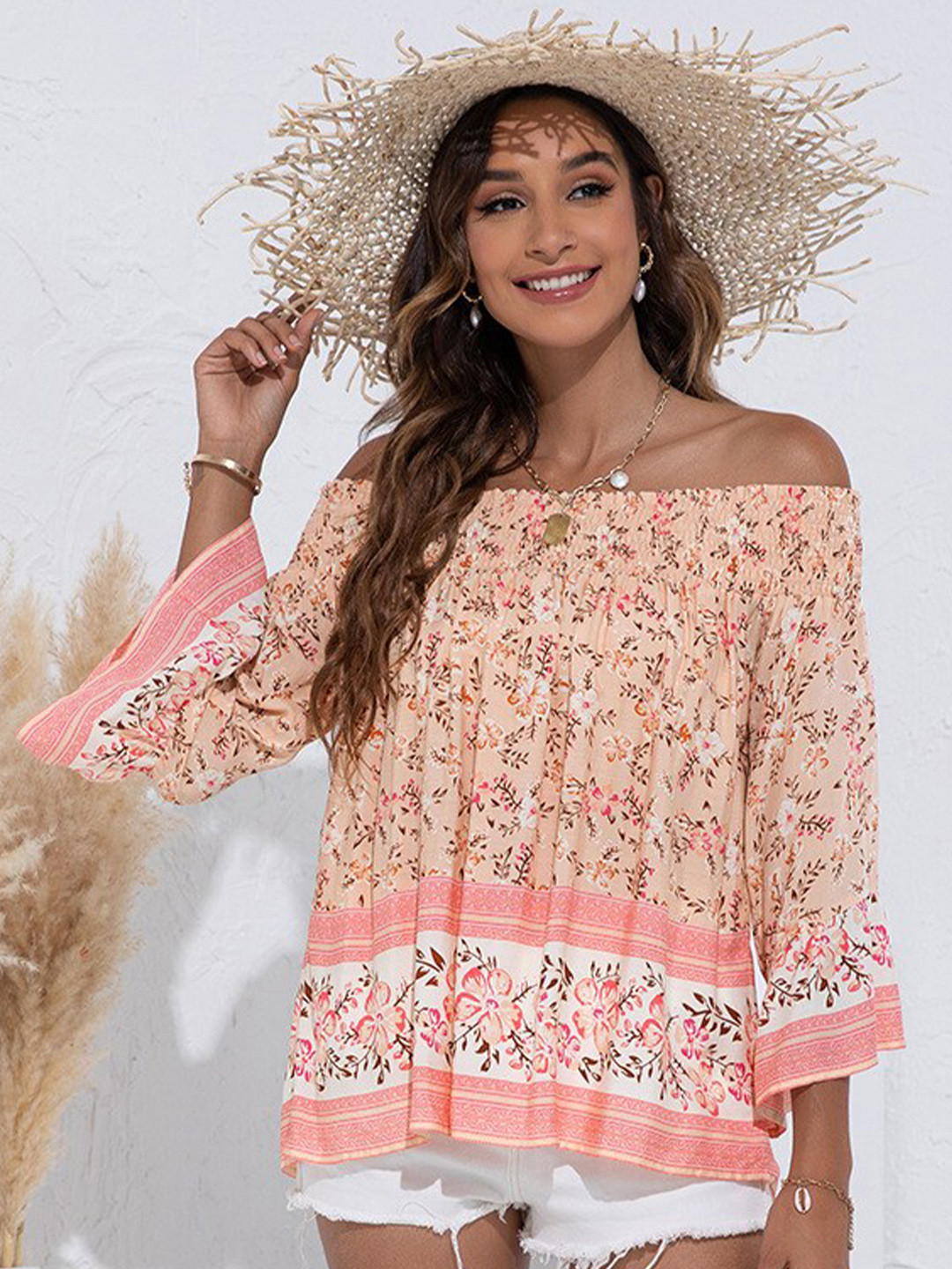 

StyleCast Peach-Coloured Floral Print Off-Shoulder Bardot Top