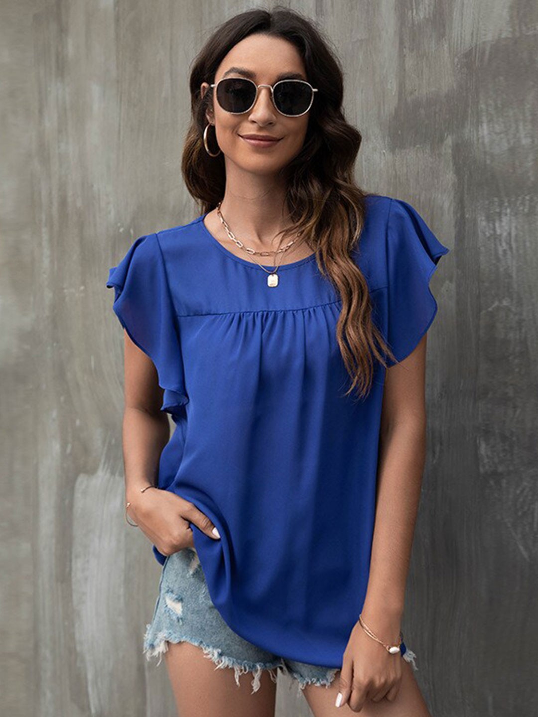 

BoStreet Women Blue Flutter-Sleeves Top