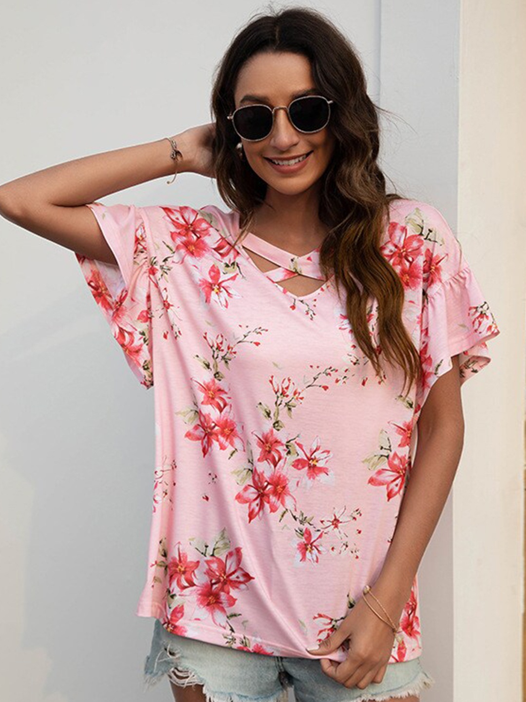 

BoStreet Pink Floral Print Top
