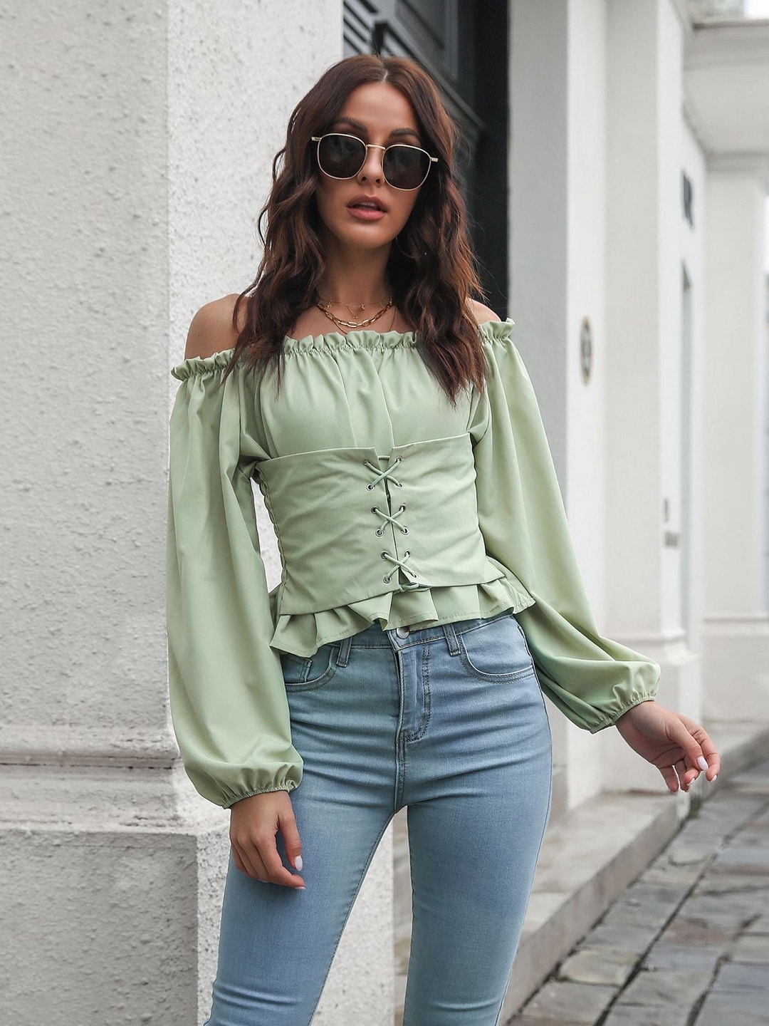 

BoStreet Women Green Off-Shoulder Top