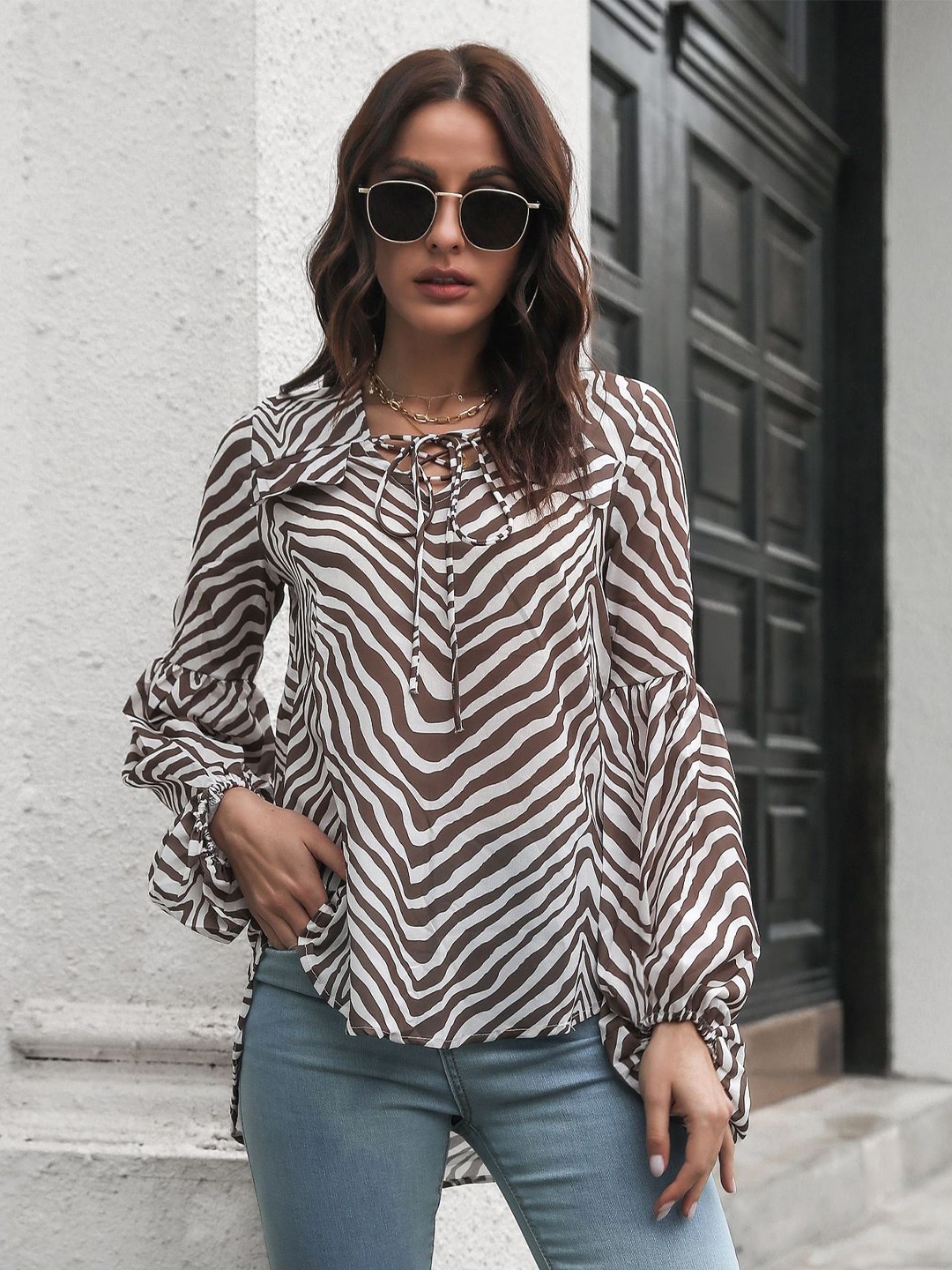 

BoStreet Women Brown & White Geometric Print Tie-Up Neck Top