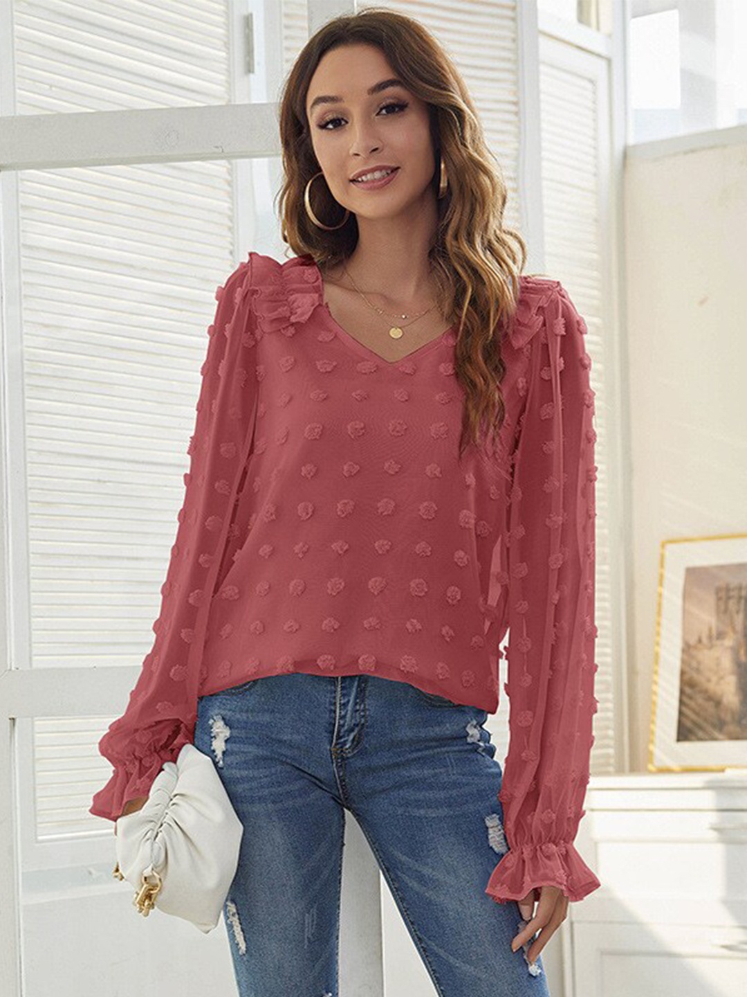 

BoStreet Women Pink Geometric Ruffles Top