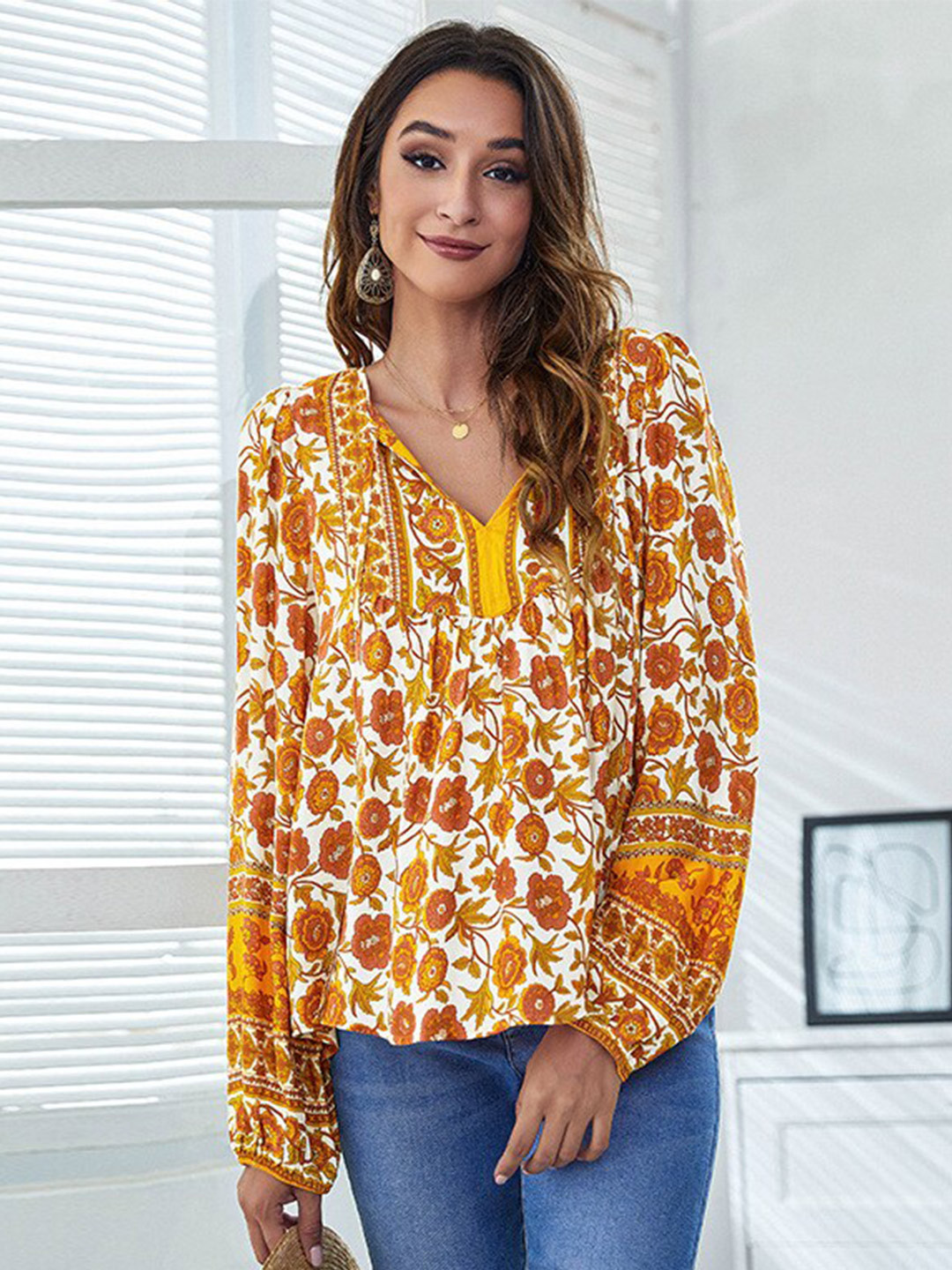 

BoStreet Women Brown & Yellow Floral Print Top