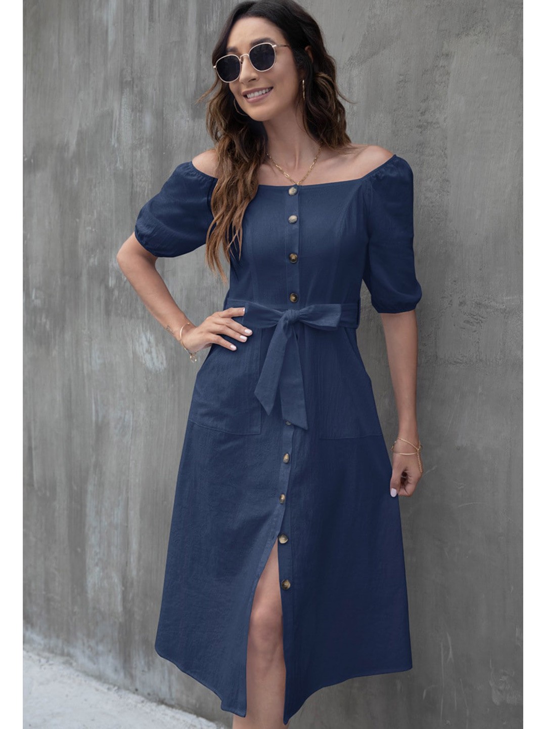 

BoStreet Navy Blue Off-Shoulder A-Line Dress