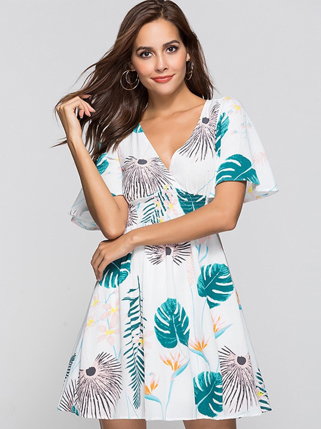 

BoStreet Women White & Sea Green Tropical Fit & Flare Dress