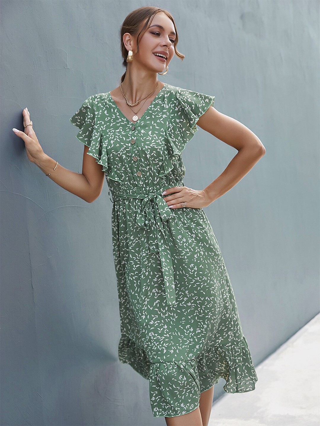 

BoStreet Women Green Printed Midi Dress