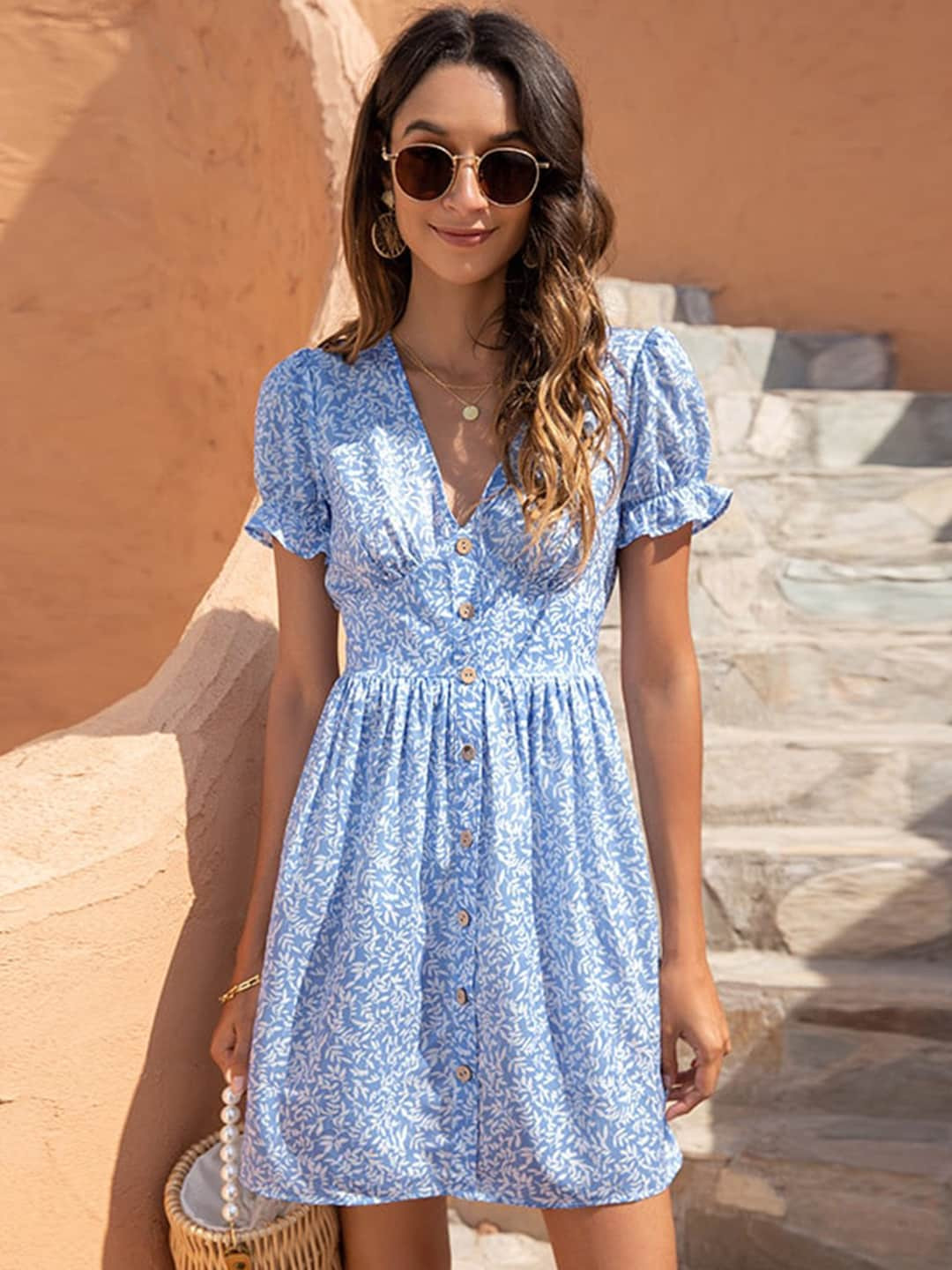 

BoStreet Blue & White Floral Empire Dress