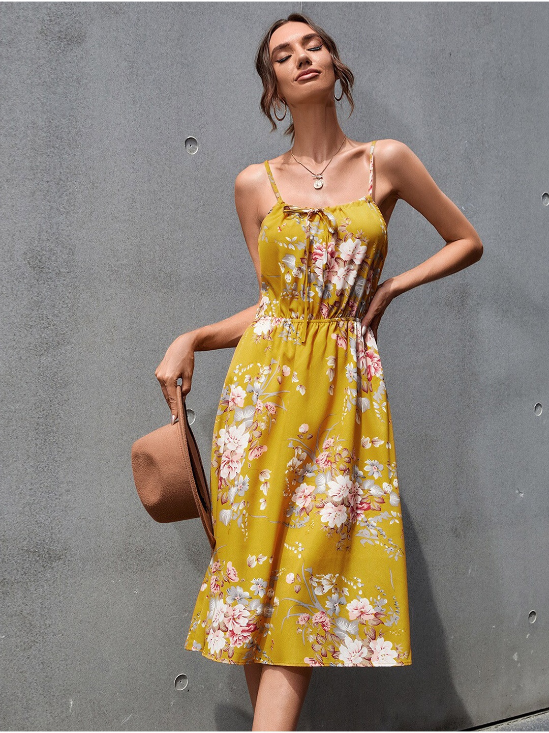 

BoStreet Yellow Floral Print Midi Dress
