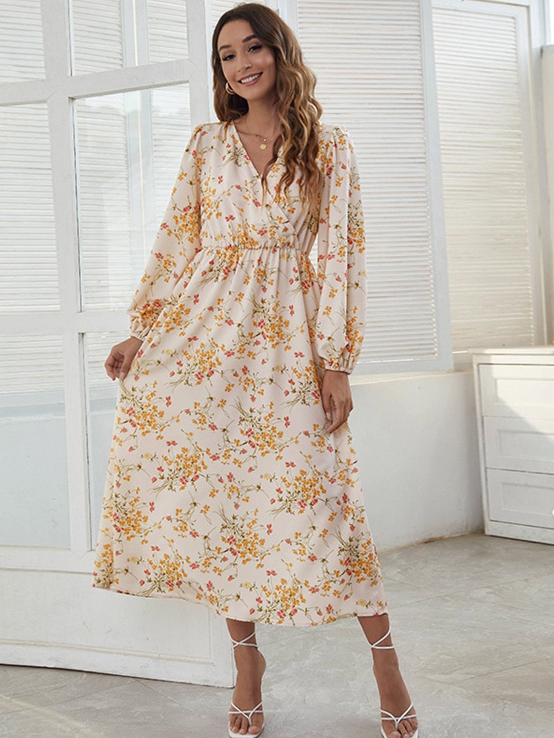 

BoStreet White & Mustard Yellow Floral Midi Dress