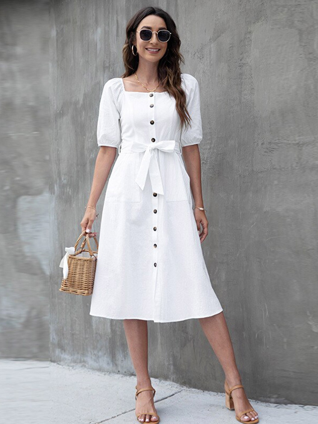 

BoStreet White Solid Fit & Flare Dress