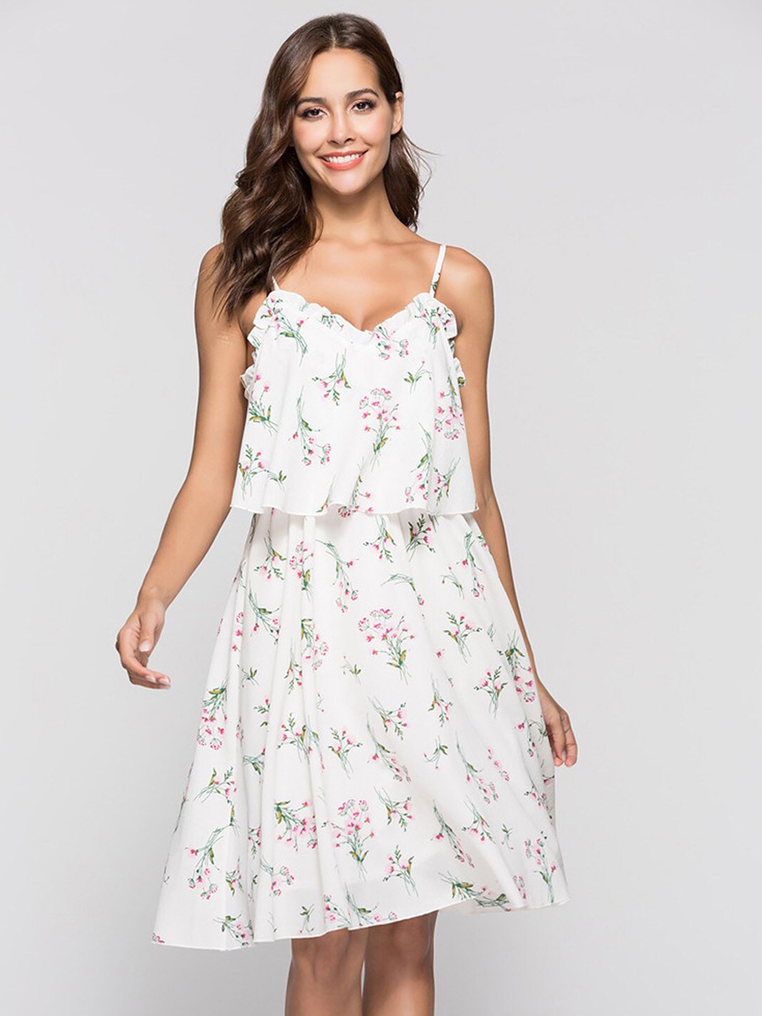 

BoStreet White & Pink Floral Fit & Flare Dress