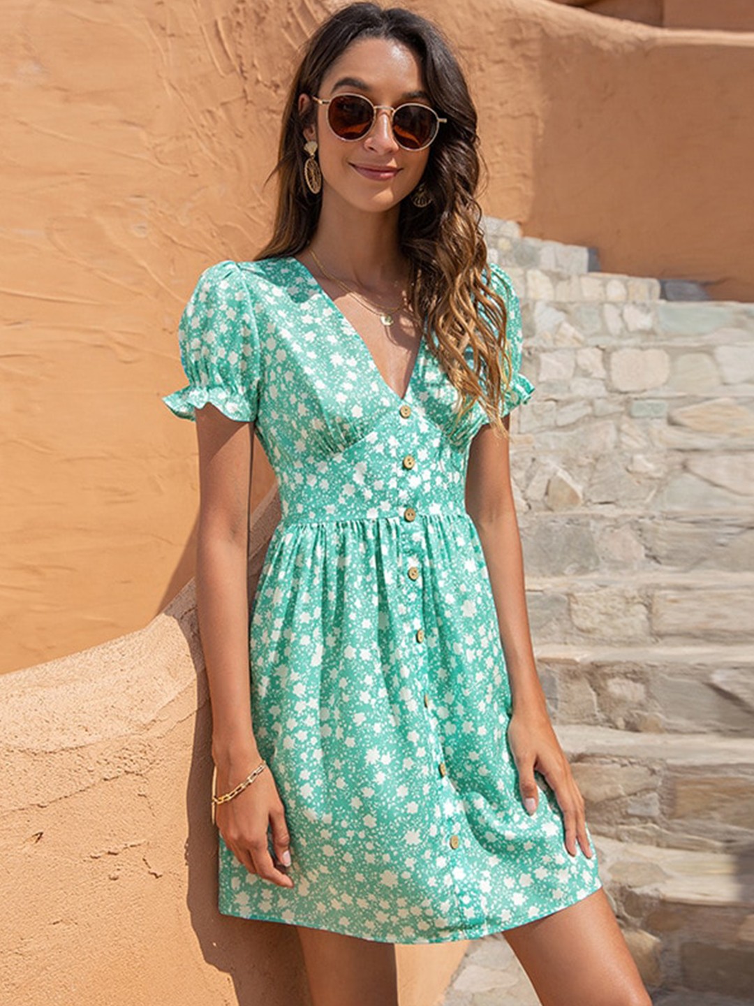 

BoStreet Green & White Floral Fit & Flare Dress