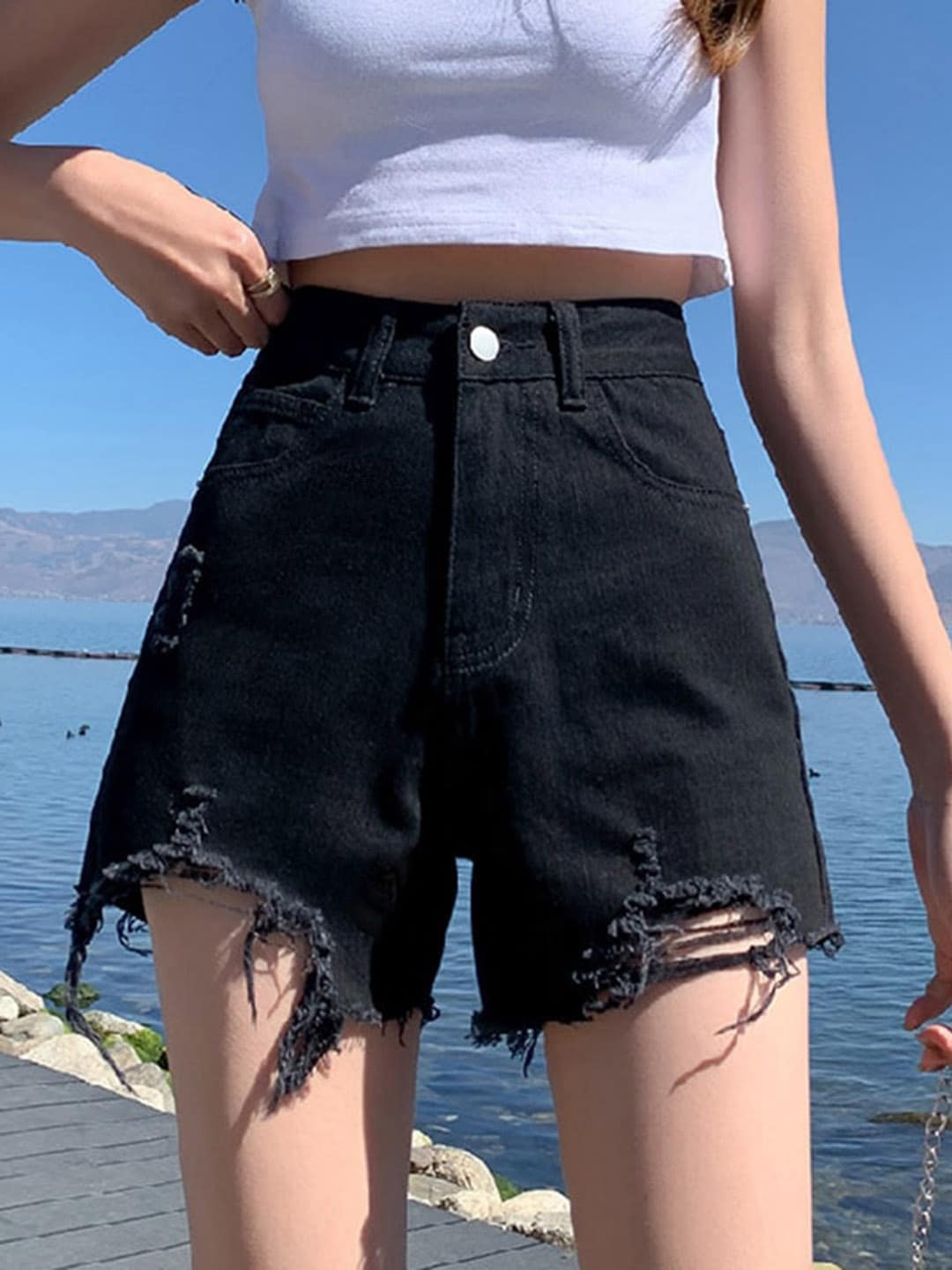 

BoStreet Women Black Loose Fit Denim Shorts