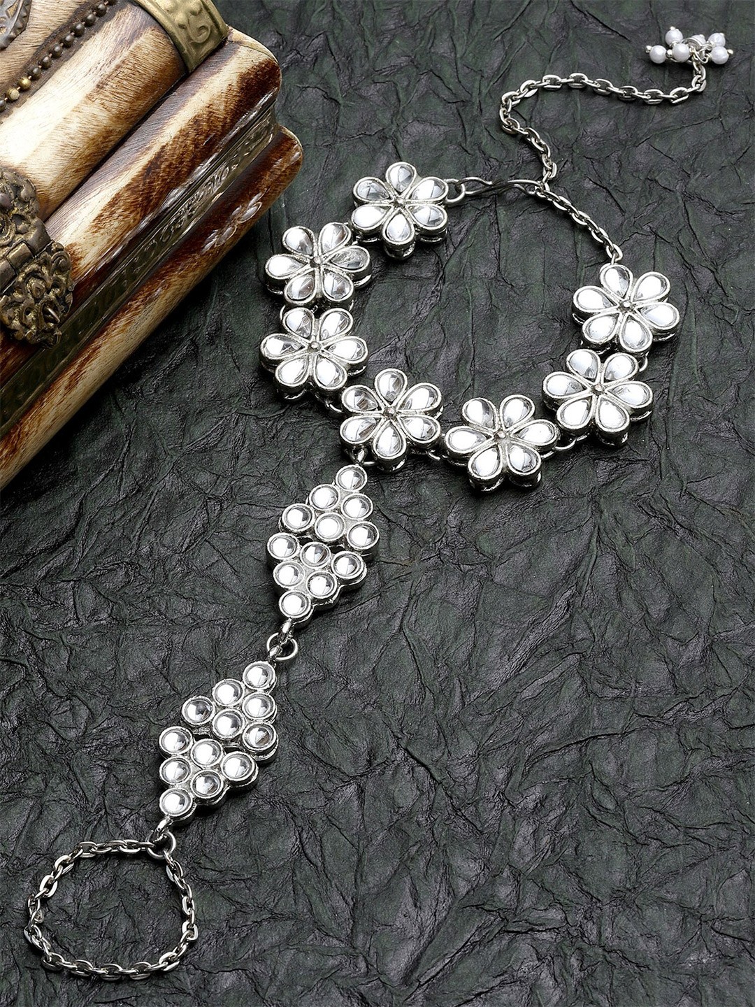 

KARATCART Women Silver-Plated & White Kundan Oxidised Ring Bracelet