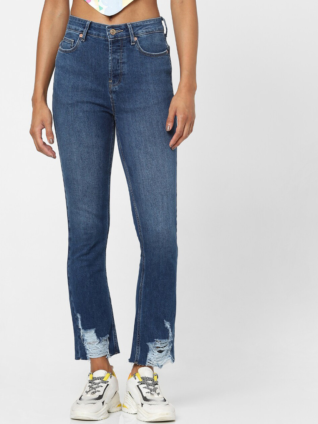 

ONLY Women Blue Straight Fit High-Rise Low Distress Light Fade Jeans