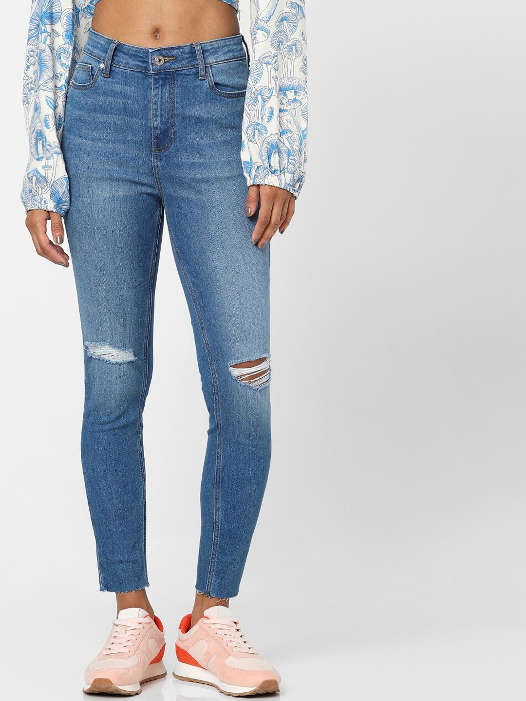 

ONLY Women Blue Skinny Fit High-Rise Slash Knee Light Fade Jeans