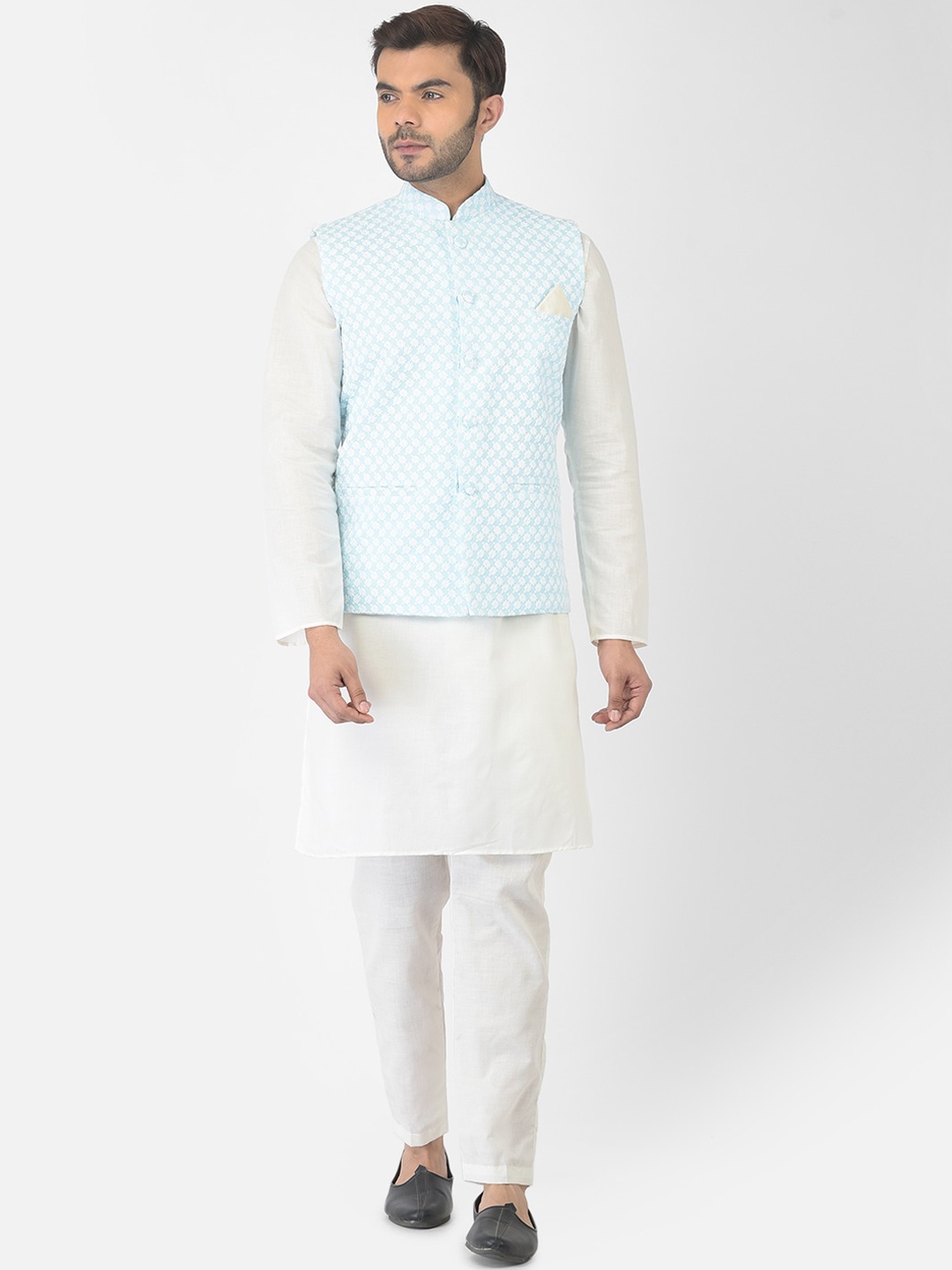 

DEYANN Men Blue Pure Cotton Nehru Jacket With Kurta and Churidar