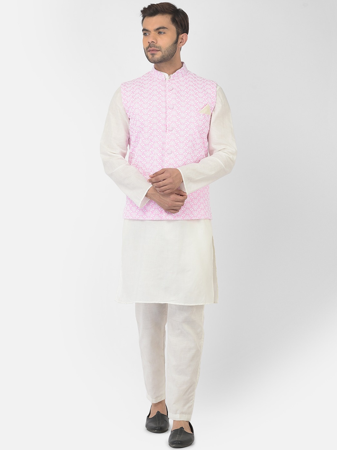 

DEYANN Men Pink Pure Cotton Nehru Jacket With Kurta and Churidar