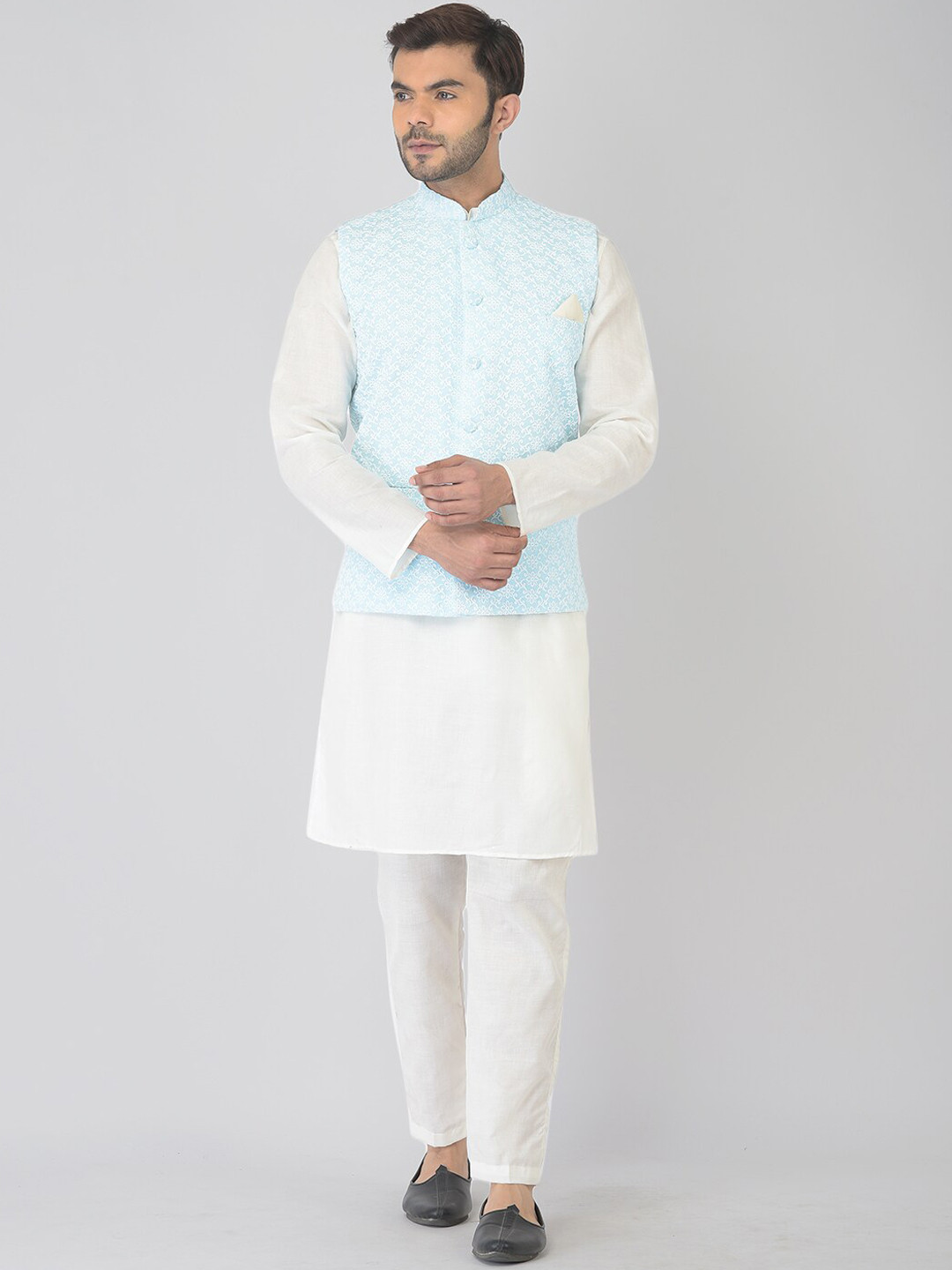 

DEYANN Men Blue Pure Cotton Nehru Jacket With Kurta and Churidar