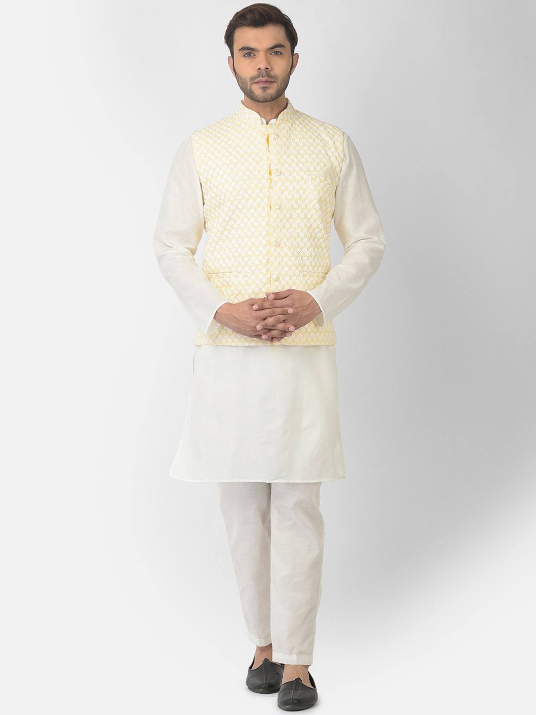 

DEYANN Men Yellow Pure Cotton Nehru Jacket With Kurta and Churidar