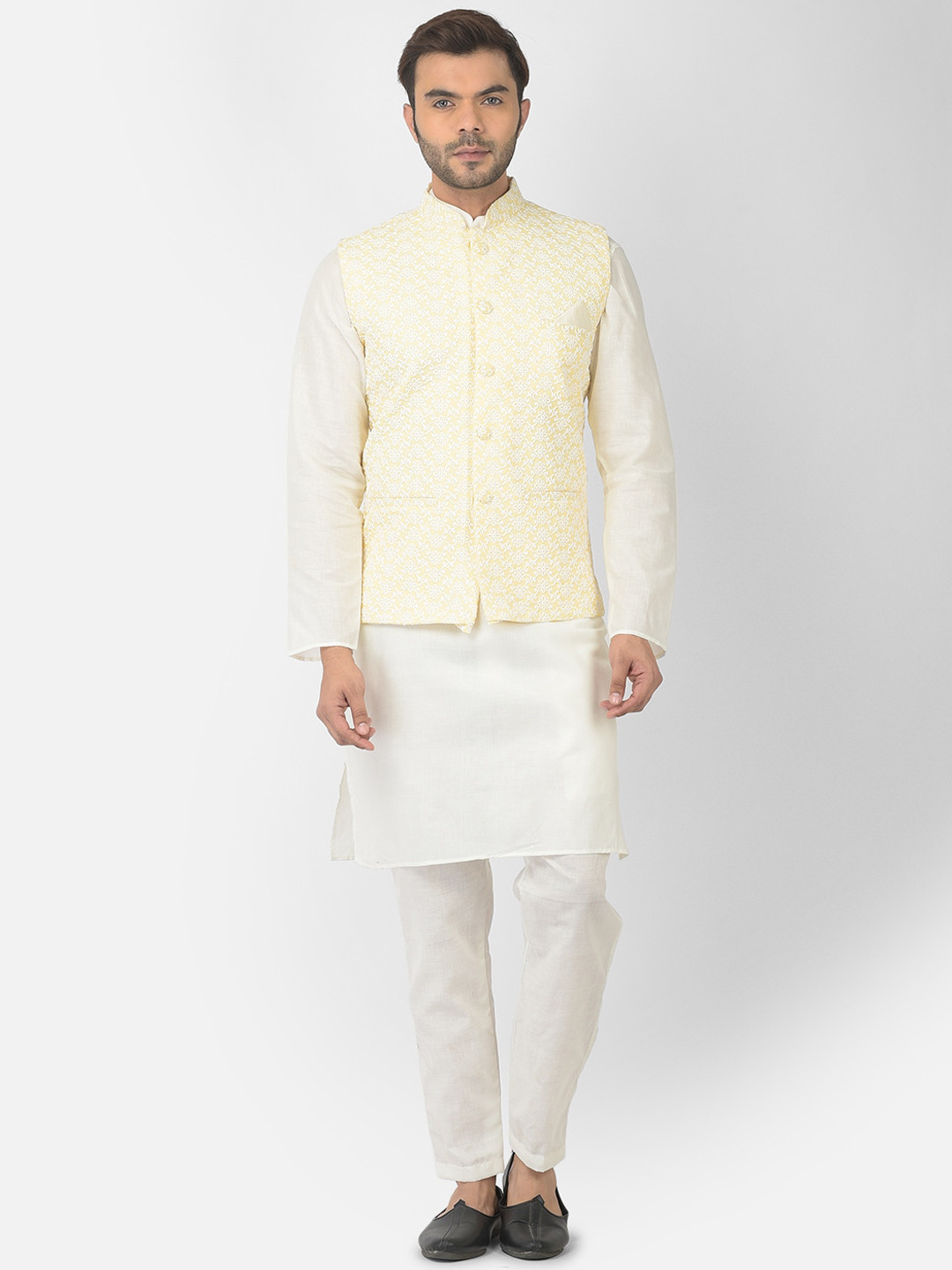 

DEYANN Men Yellow Pure Cotton Nehru Jacket With Kurta and Churidar