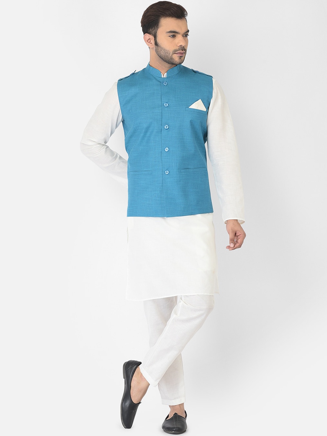 

DEYANN Men Blue Pure Cotton Nehru Jacket With Kurta and Churidar