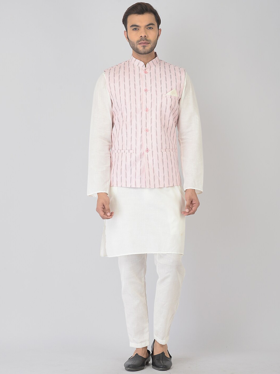 

DEYANN Men Pink Pure Cotton Nehru Jacket With Kurta and Churidar