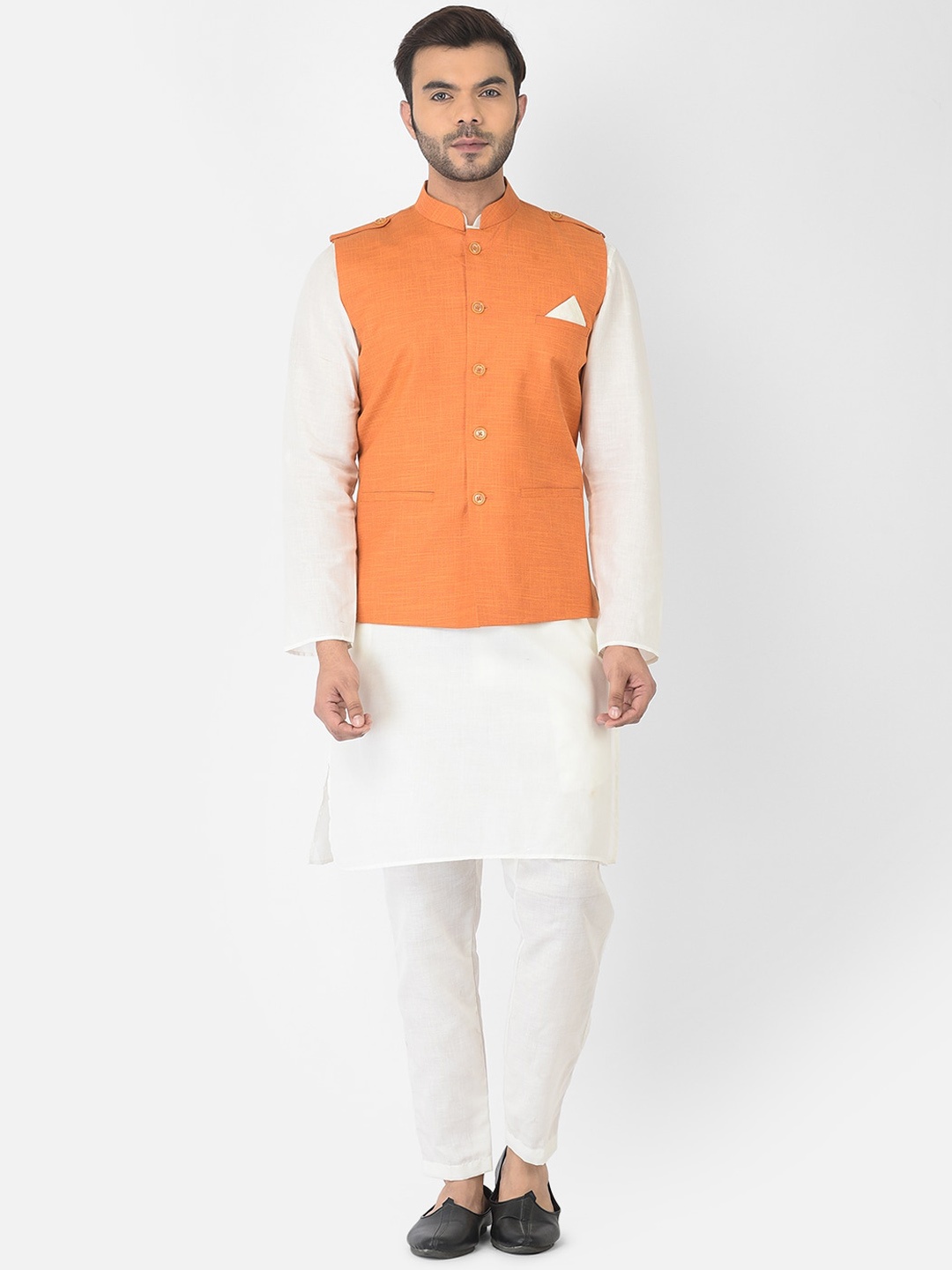 

DEYANN Men Orange & White Pure Cotton Kurta Pyjama With Nehru jacket