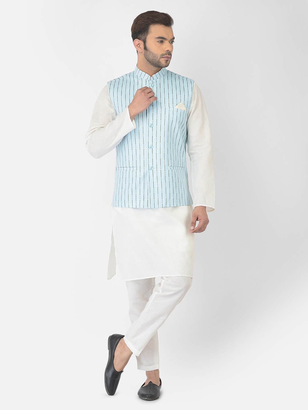 

DEYANN Men Blue Pure Cotton Nehru Jacket With Kurta and Churidar