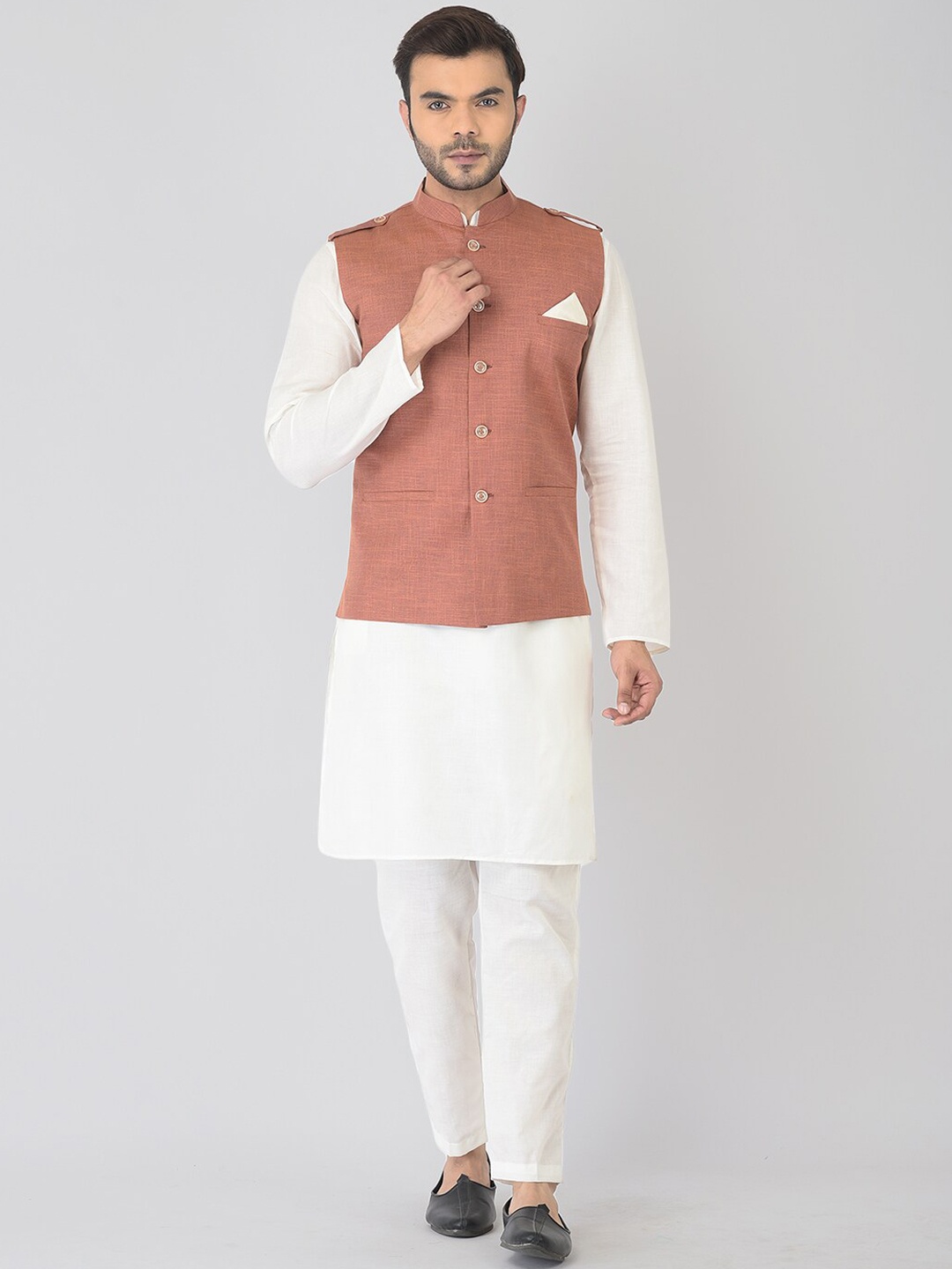 

DEYANN Men Orange Pure Cotton Nehru Jacket With Kurta and Churidar