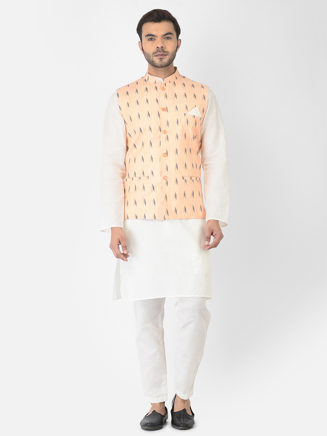 

DEYANN Men Off White Cotton Kurta with Trousers and Nehru Jacket, Orange