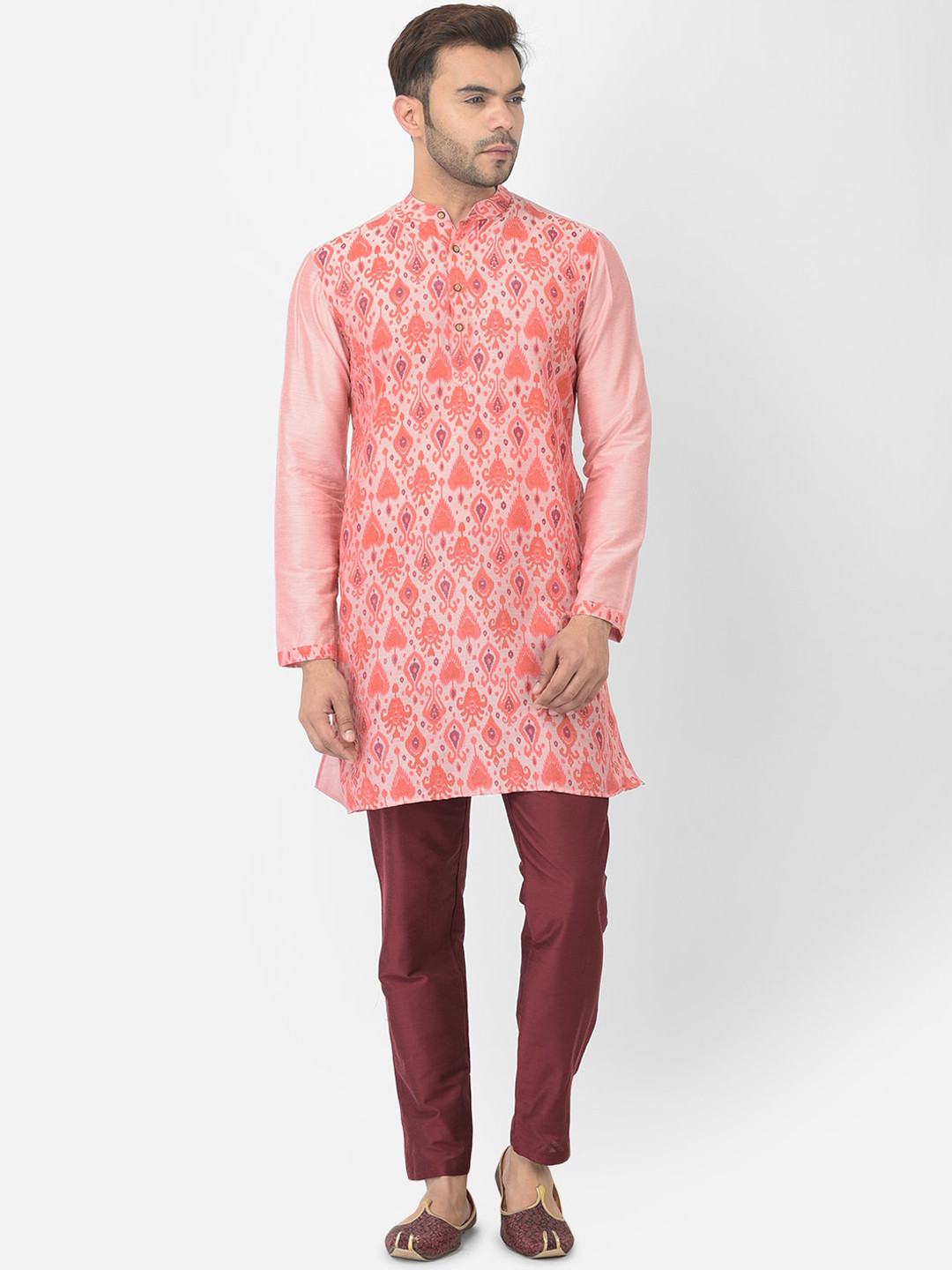 

DEYANN Men Peach-Coloured & Maroon Ethnic Motifs Printed Kurta with Trousers