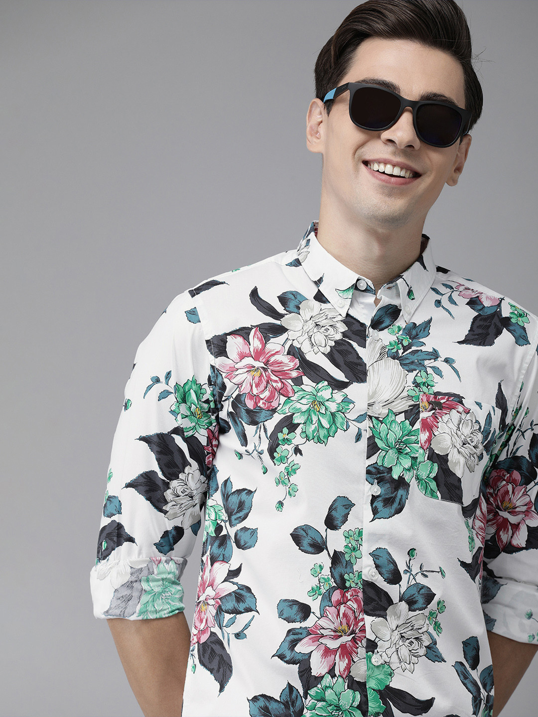 

THE BEAR HOUSE Men White & Green Slim Fit Floral Printed Cotton Casual Shirt