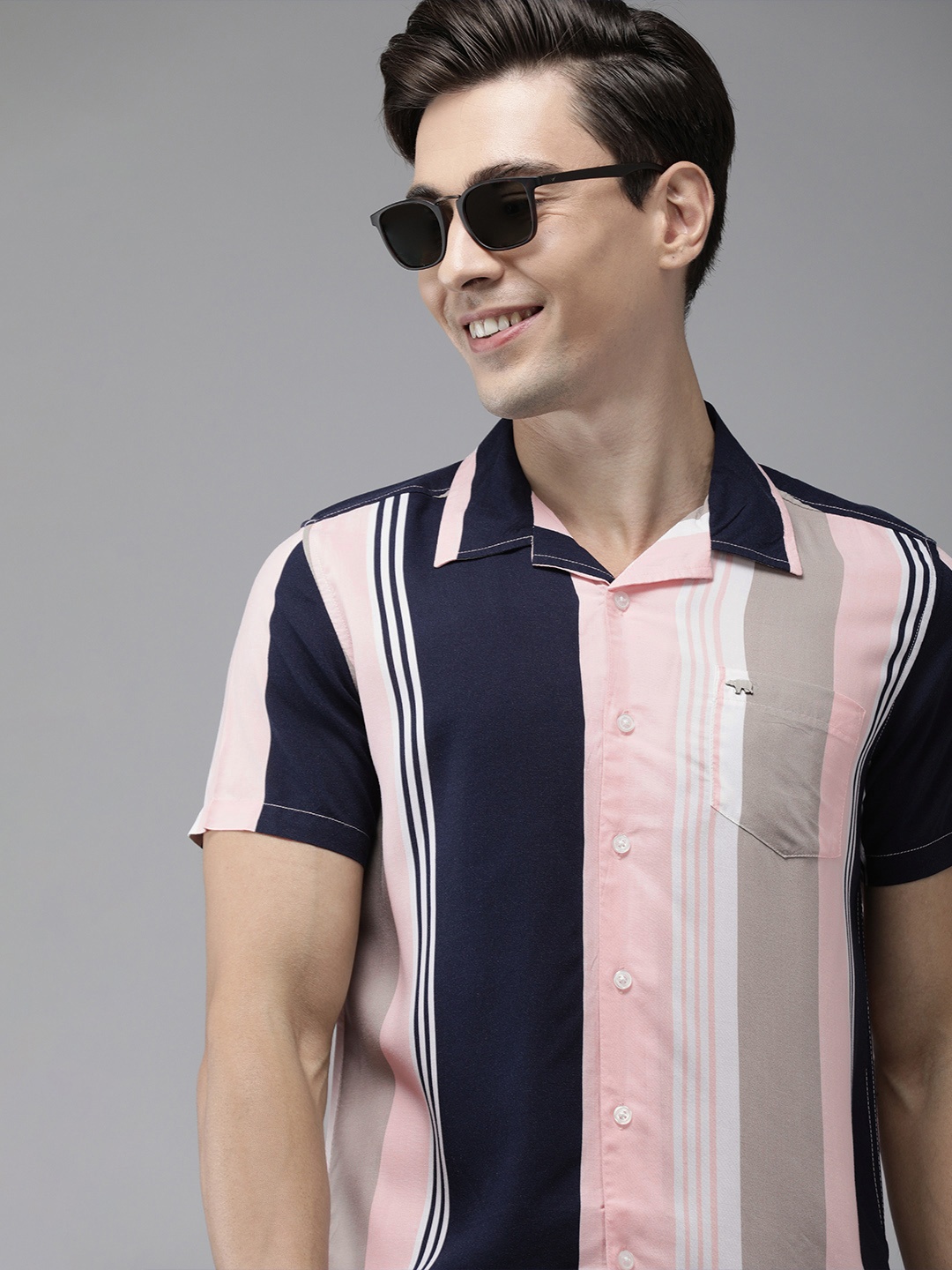 

THE BEAR HOUSE Men Blue & Pink Slim Fit Striped Casual Shirt