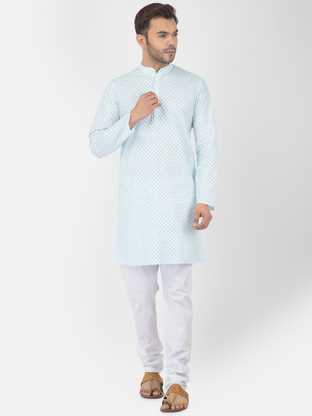 

DEYANN Men White & Blue Pure Cotton Kurta with Churidar