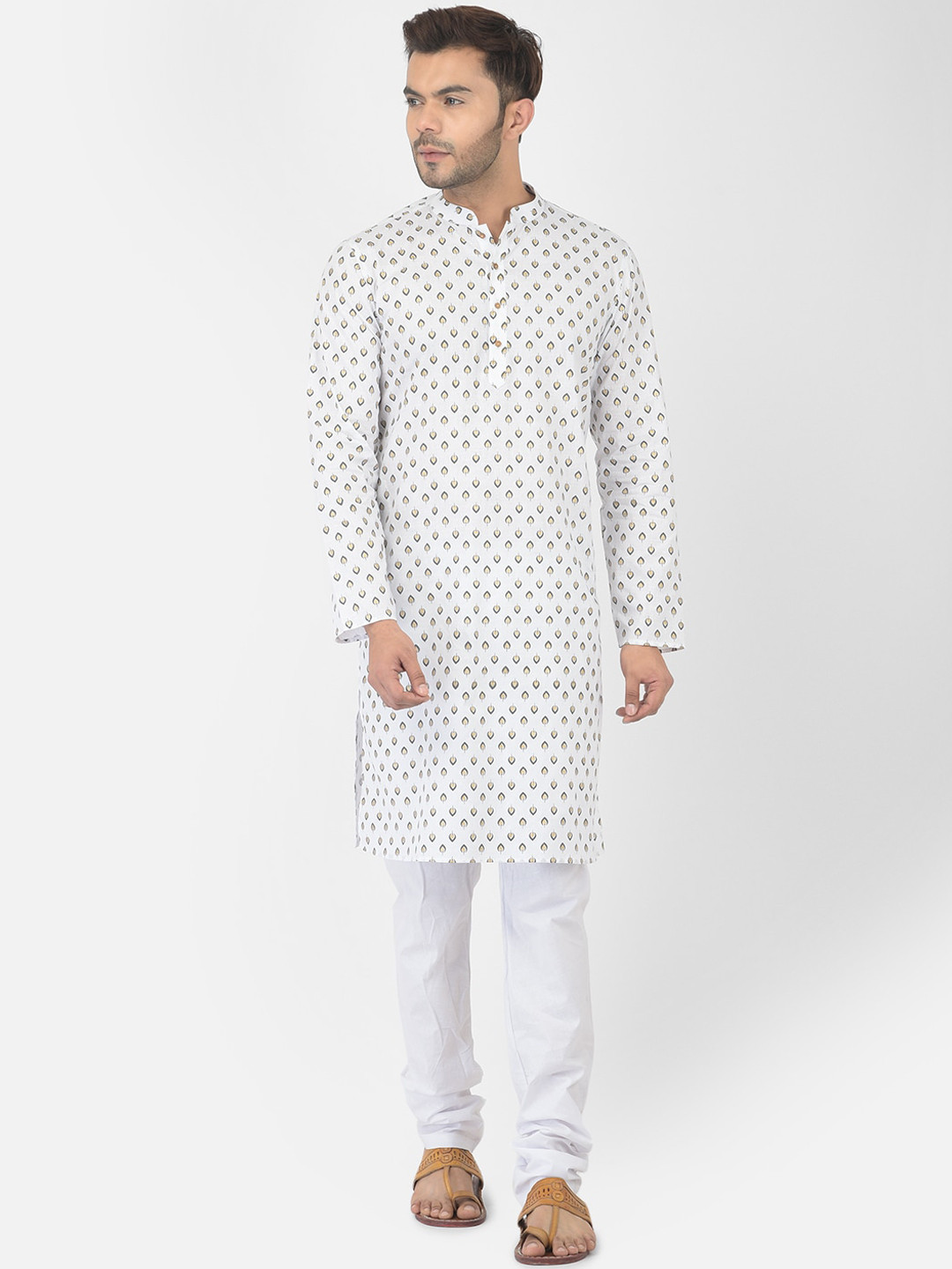 

DEYANN Men White Floral Printed Pure Cotton Kurta with Churidar