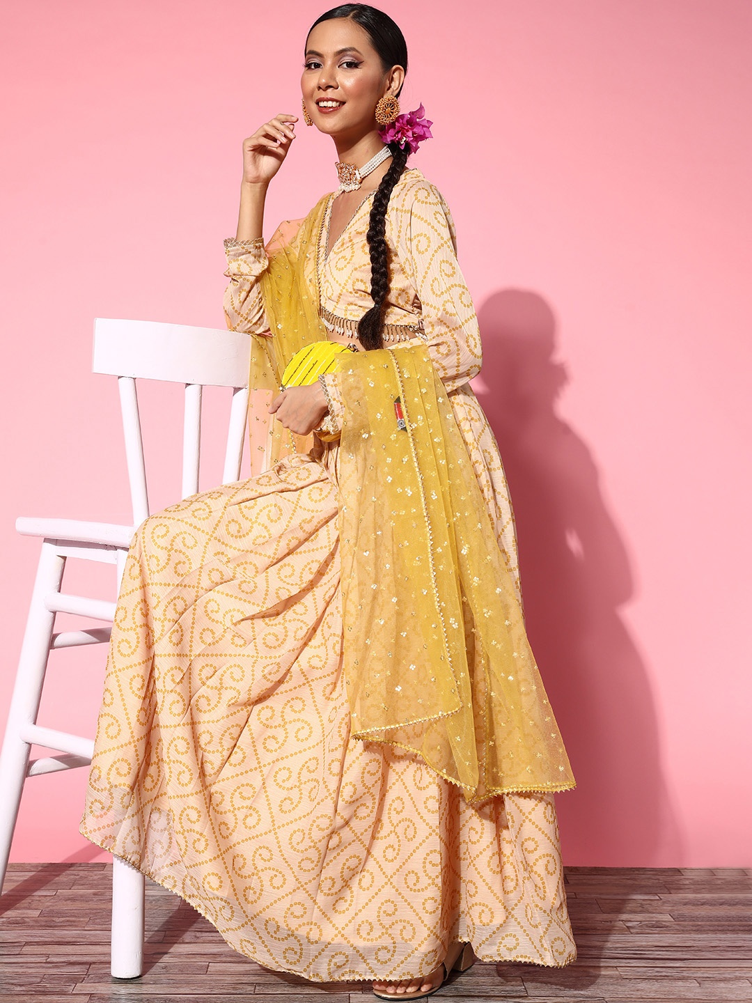 

Inddus Bright Yellow Printed Semi-stitched Lehenga Choli With Dupatta