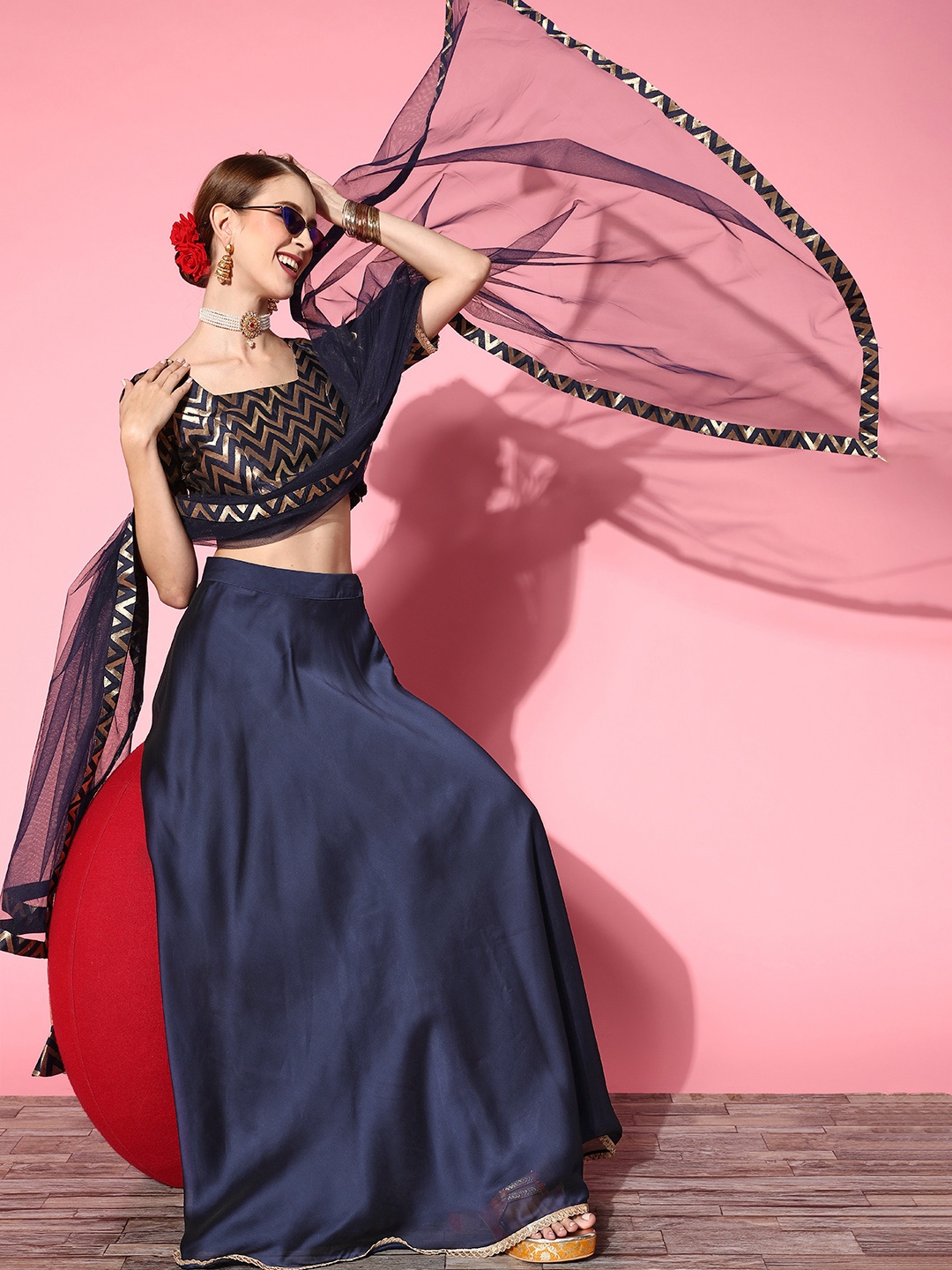 

Inddus Navy Blue Woven Design Semi-stitched Lehenga Choli With Dupatta