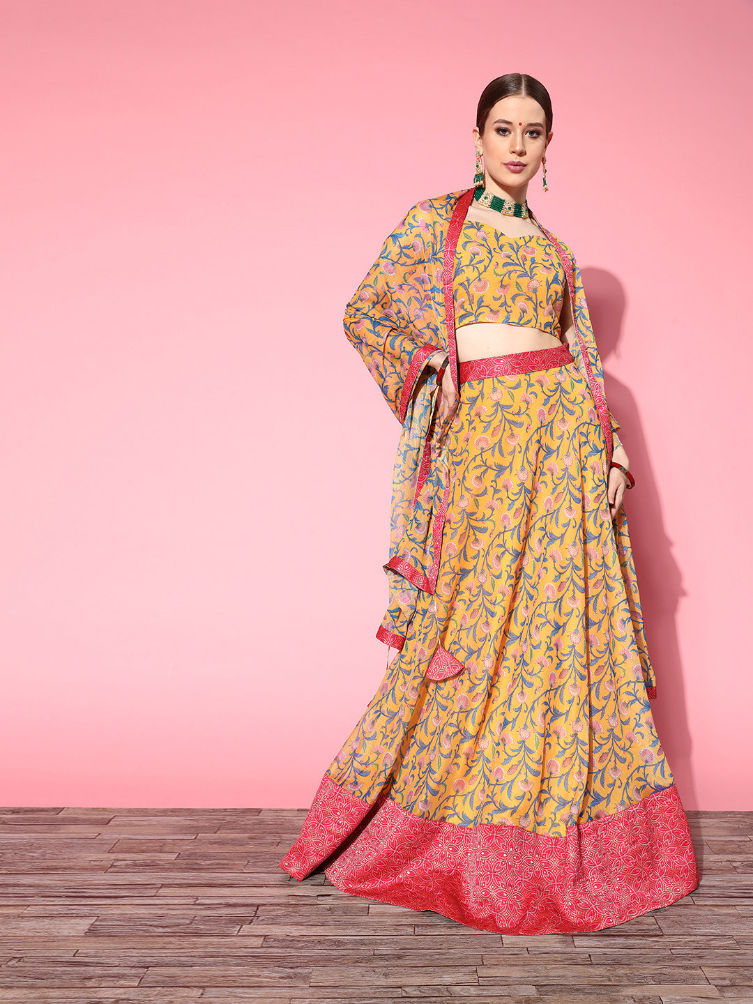 

Inddus Bright Mustard Printed Semi-stitched Lehenga Choli With Dupatta