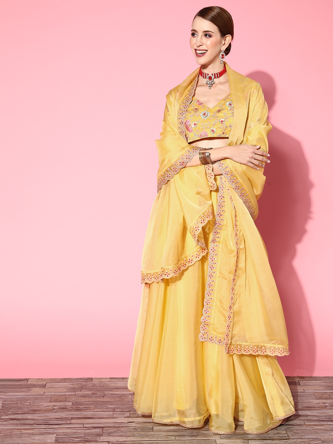

Inddus Yellow Embroidered Semi-stitched Lehenga Choli With Dupatta