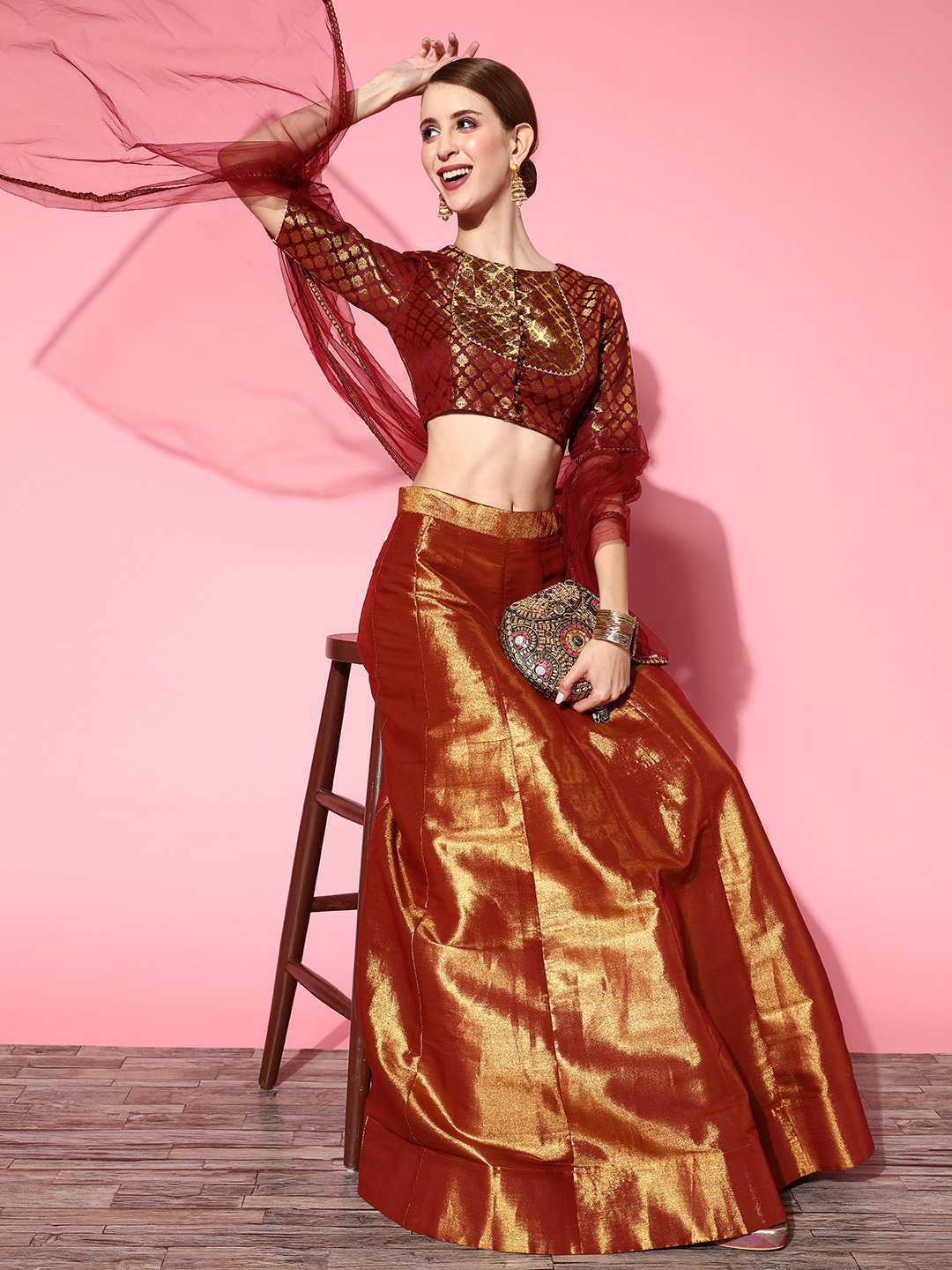

Inddus Deep Maroon Woven Design Semi-stitched Lehenga Choli With Dupatta