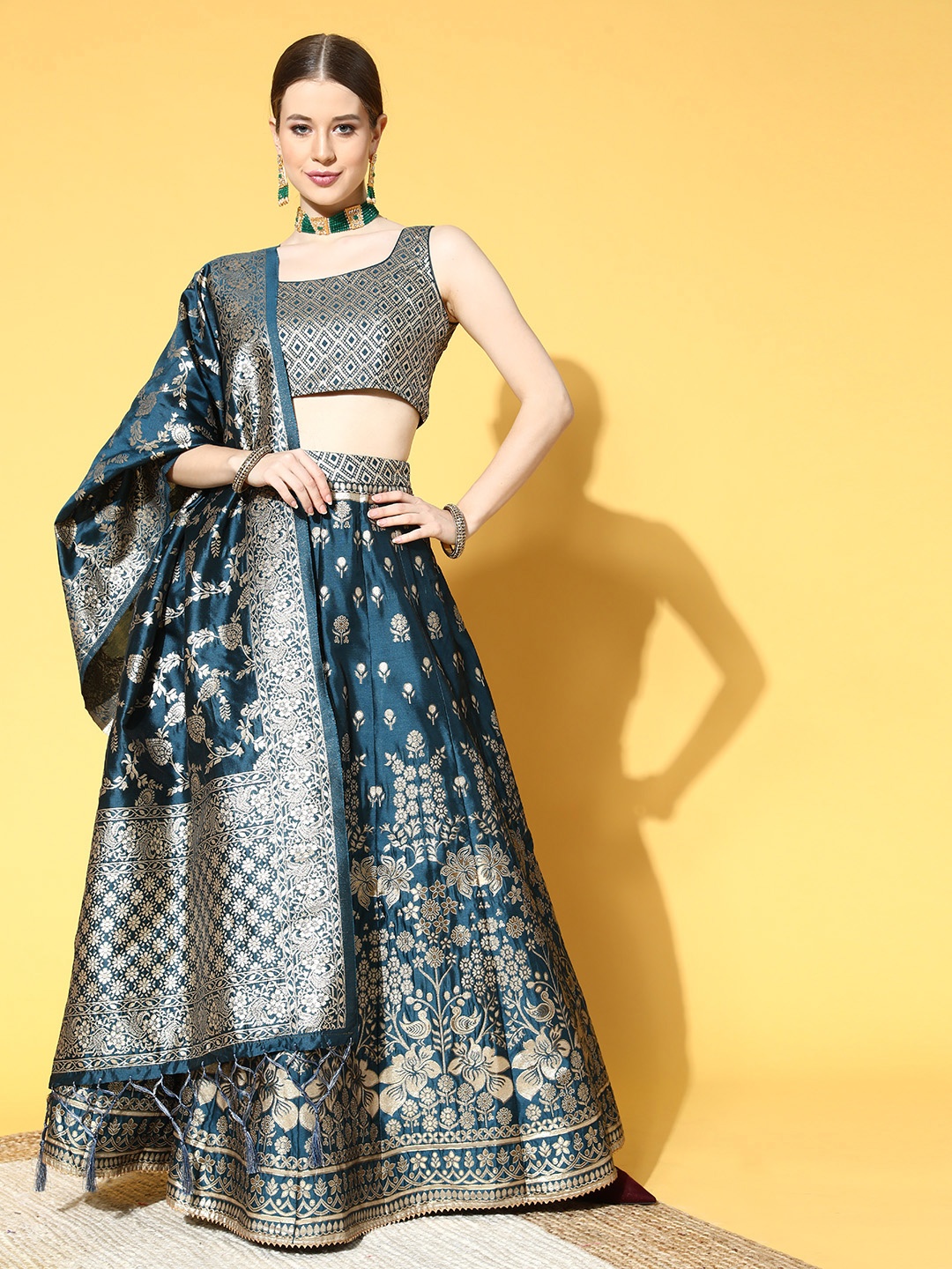 

Inddus Teal Woven Design Semi-stitched Lehenga Choli With Dupatta