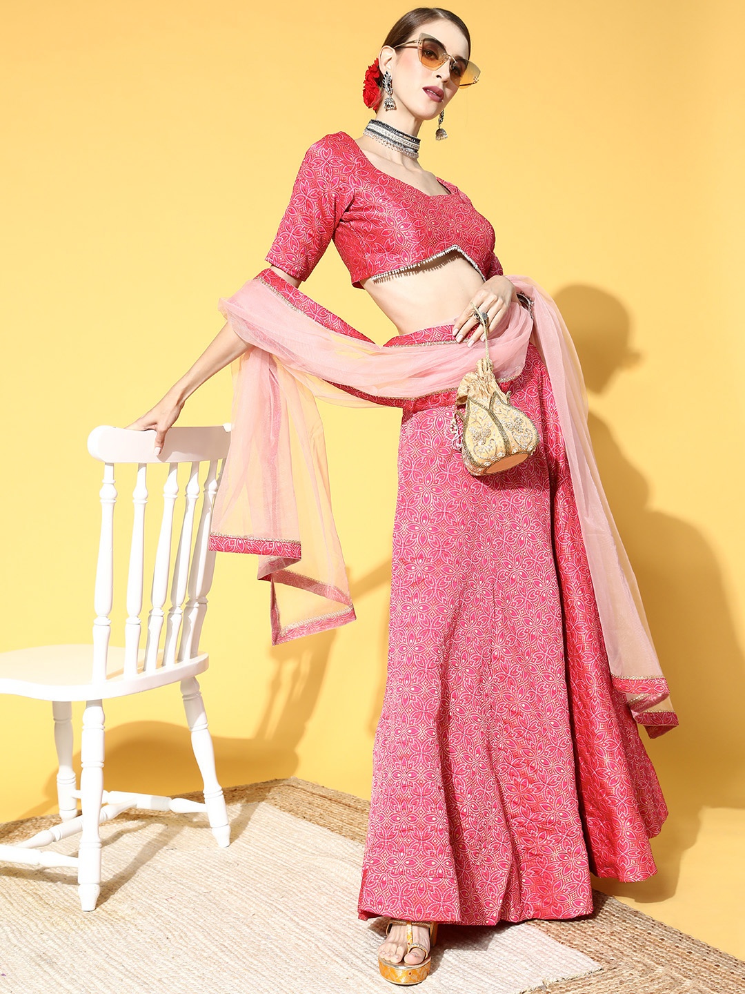 

Inddus Pink Woven Design Semi-stitched Lehenga Choli With Dupatta