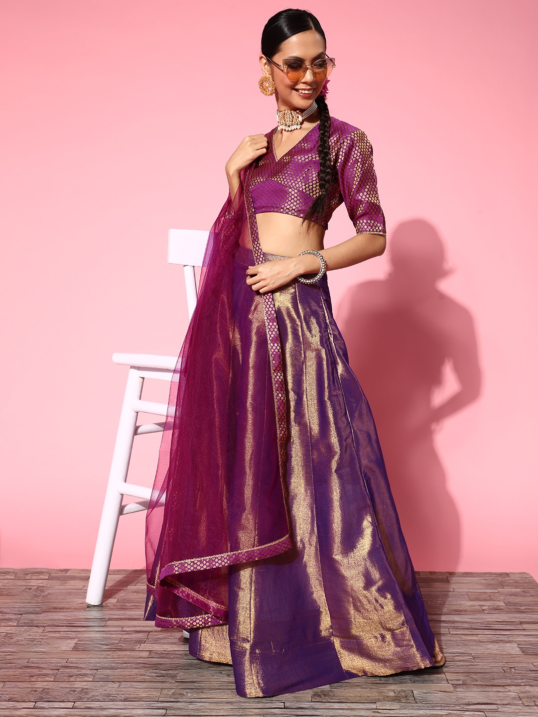 

Inddus Pretty Purple Woven Design Semi-stitched Lehenga Choli With Dupatta
