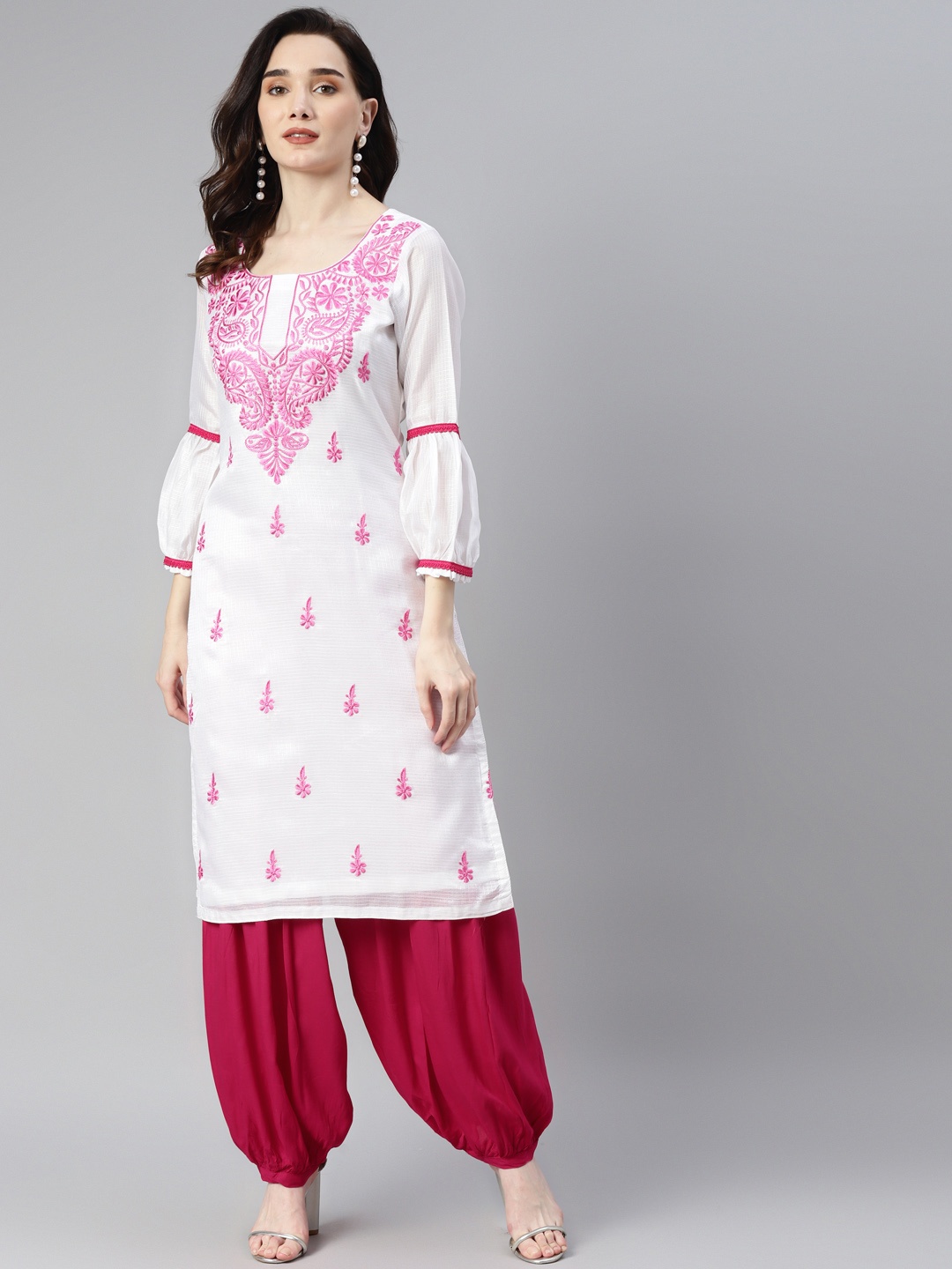 

SHADES OF FAASHION Women Pink Ethnic Motifs Embroidered Chikankari Pure Cotton Kurta with Salwar